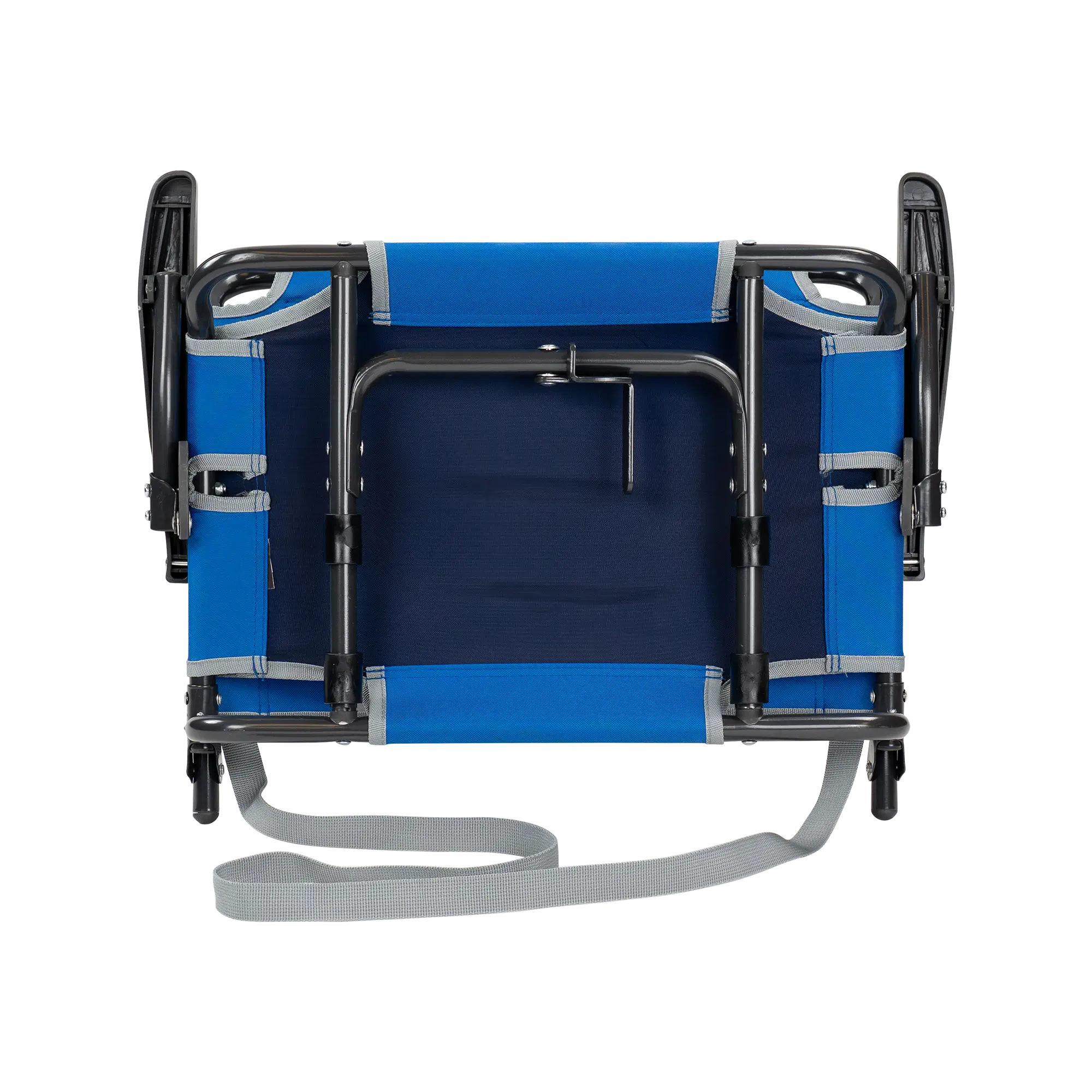 Underside of the royal blue big comfort stadium chair with armrests with the l-hook closed. 
