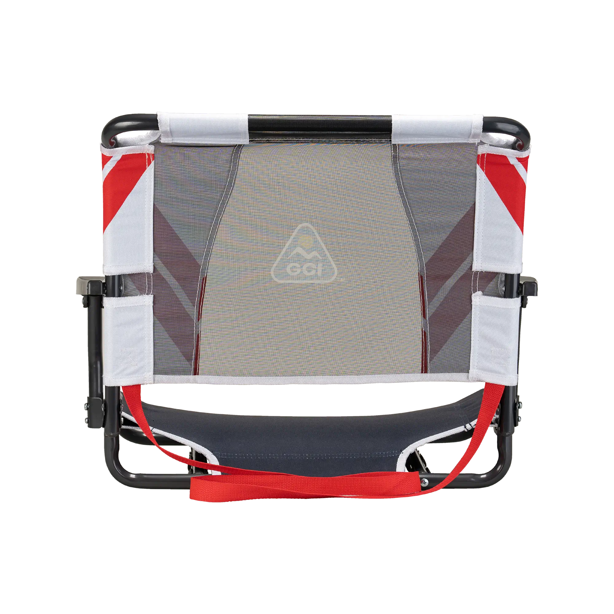 Straight back angle of the backside of the red/white/indigo big comfort stadium with armrests. 