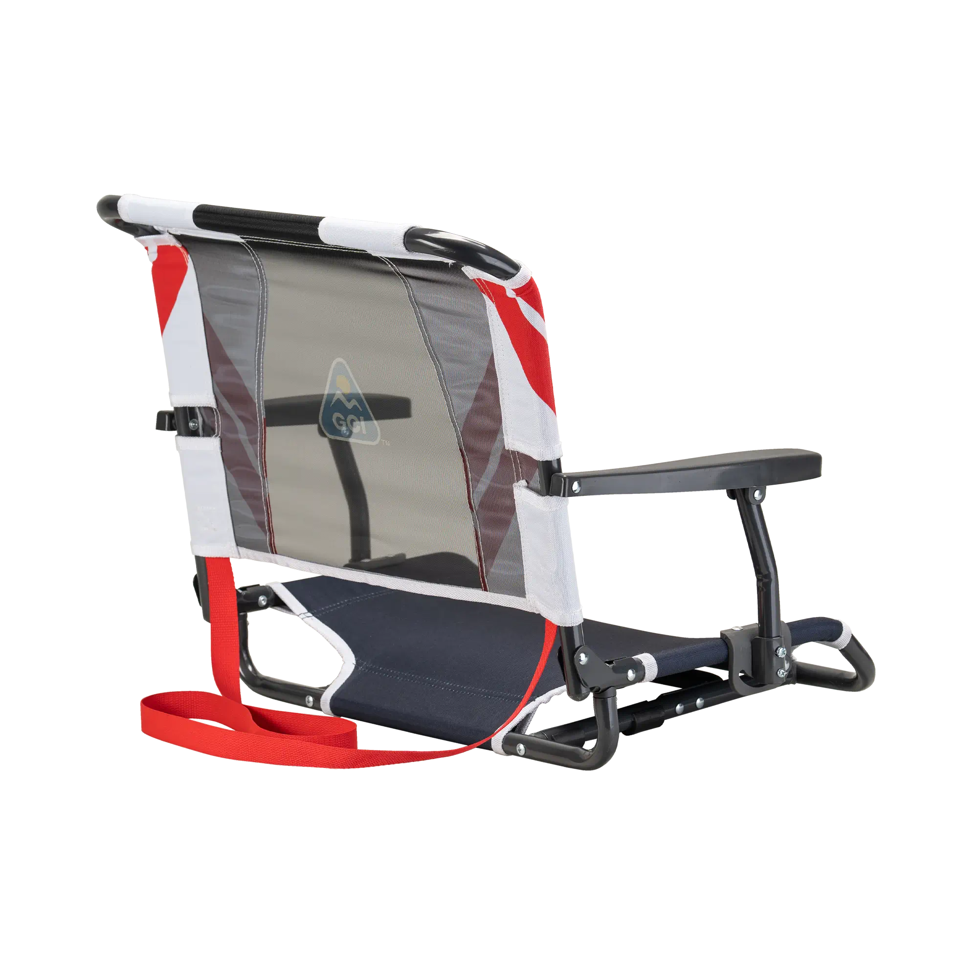 Back side of the red/white/indigo big comfort stadium chair with armrests. 