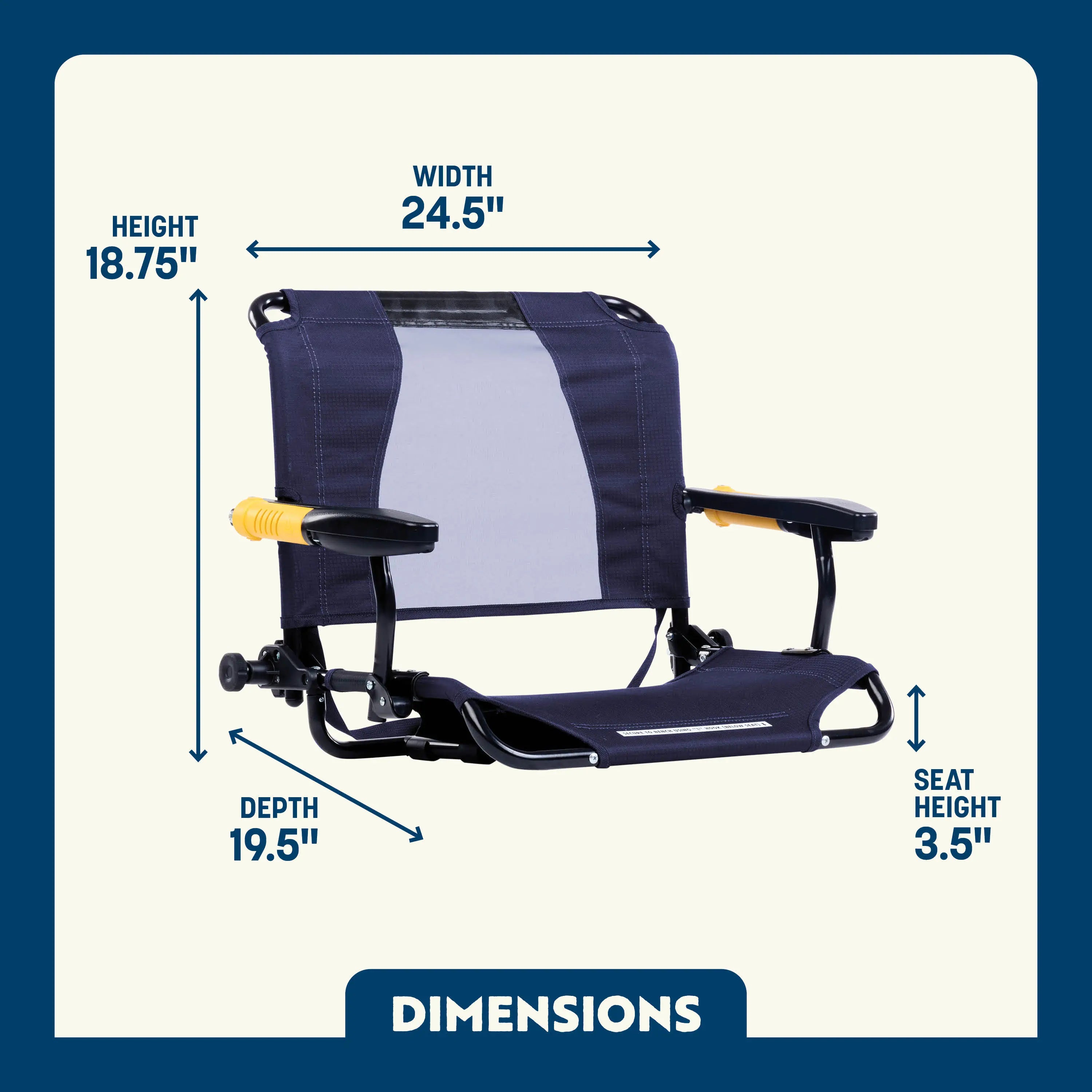 Dimension overview of the Stadium Rock-Cliner, showing labeled seat height, width, depth, and overall height.