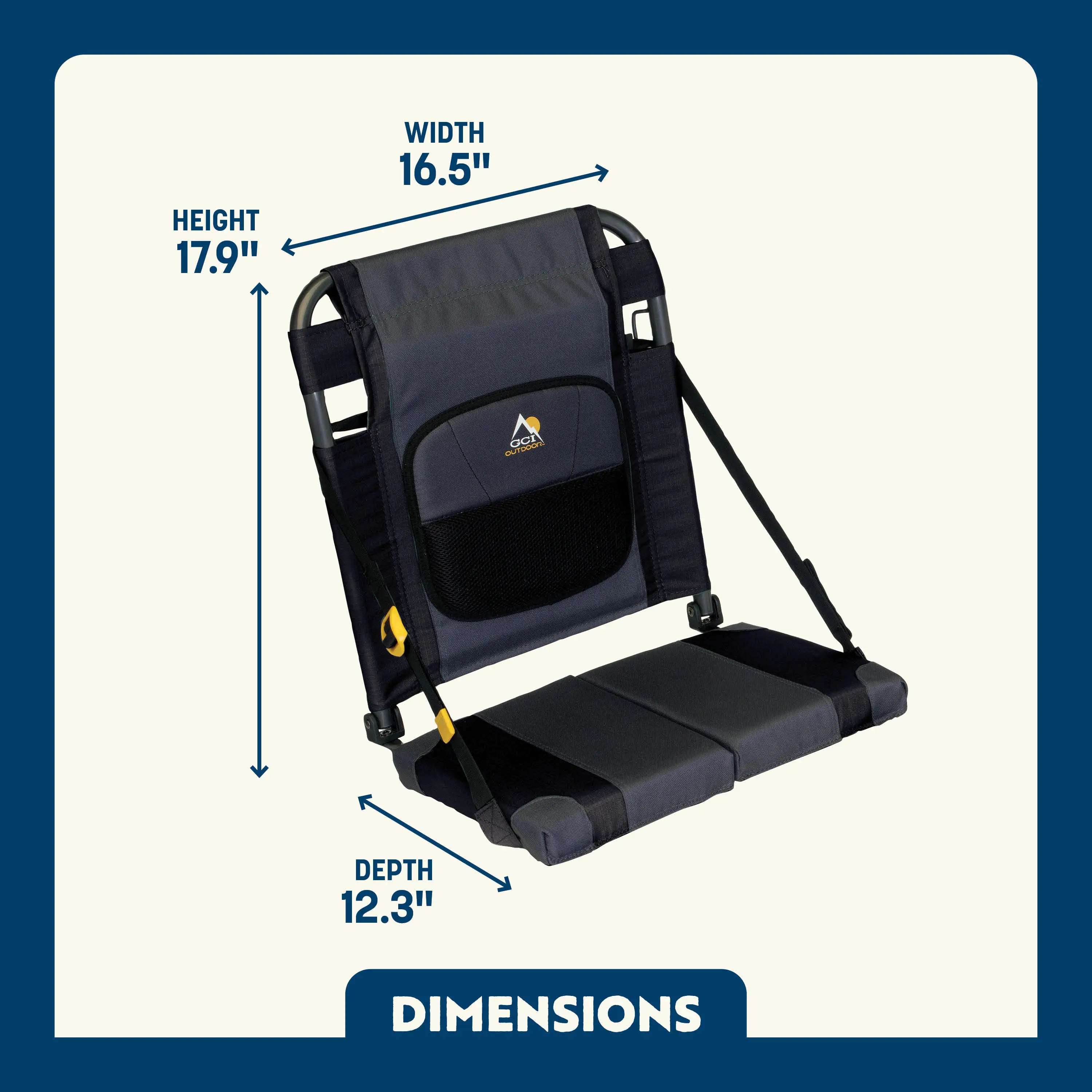 Dimension overview of the SitBacker seat, highlighting height, width, and depth with labeled arrows on the folded cushion-style seat.