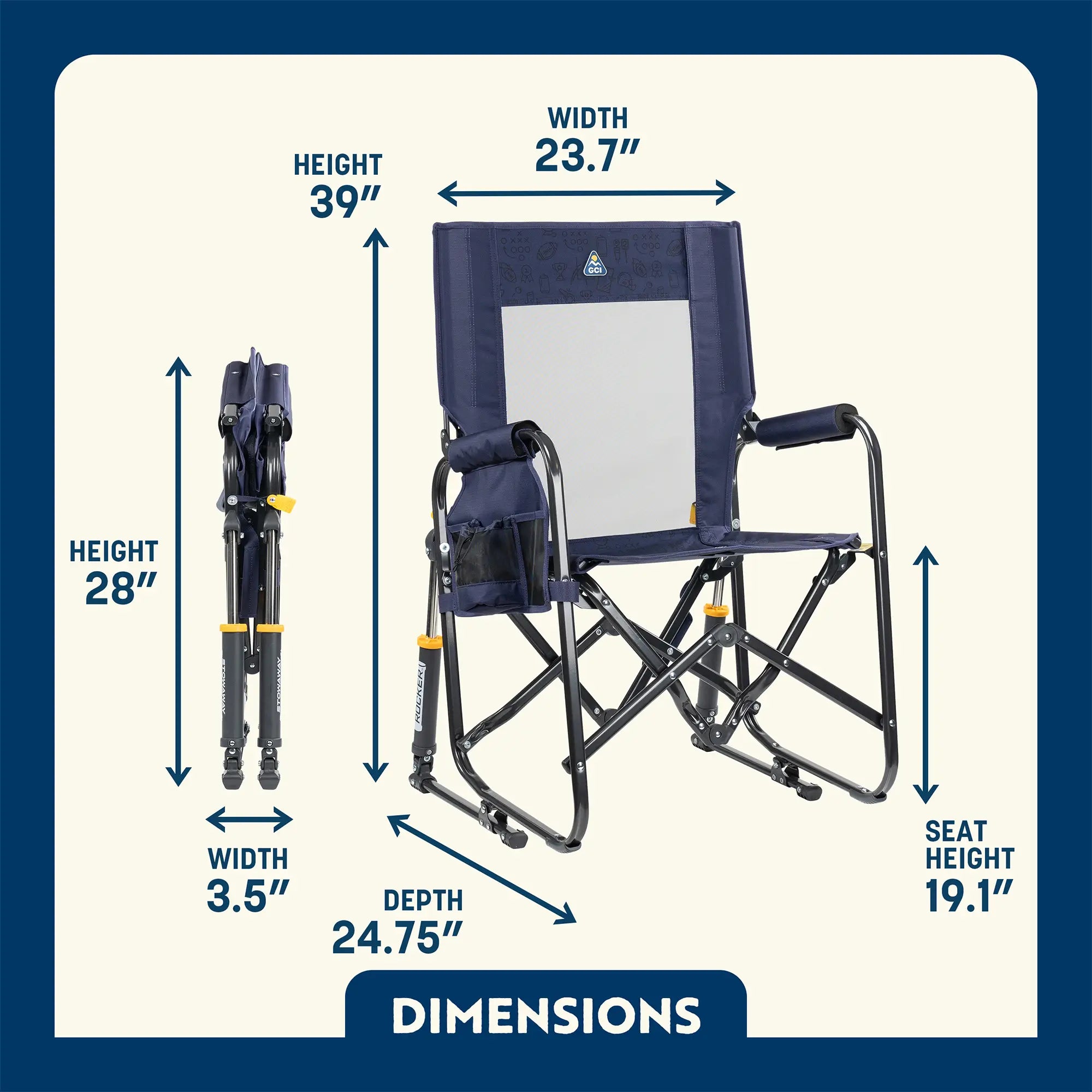 Dimensions of the blue tailgater stowaway rocker chair. 