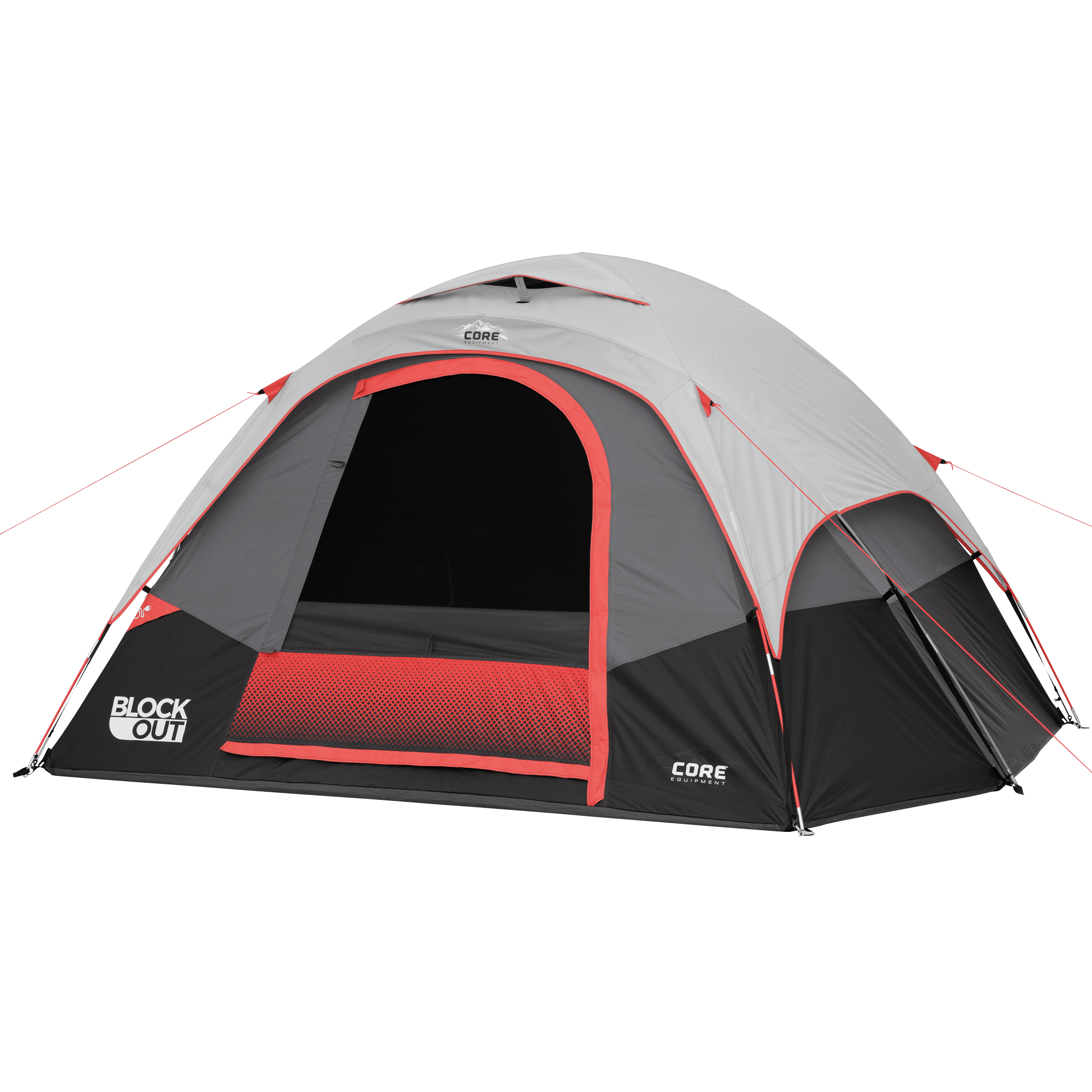 A CORE 6 person blockout dome-shaped camping tent with a gray and black exterior, red trim around the entrance, mesh screen door, and “BLOCK OUT” branding on the lower left side. The tent has multiple support poles and guy lines.