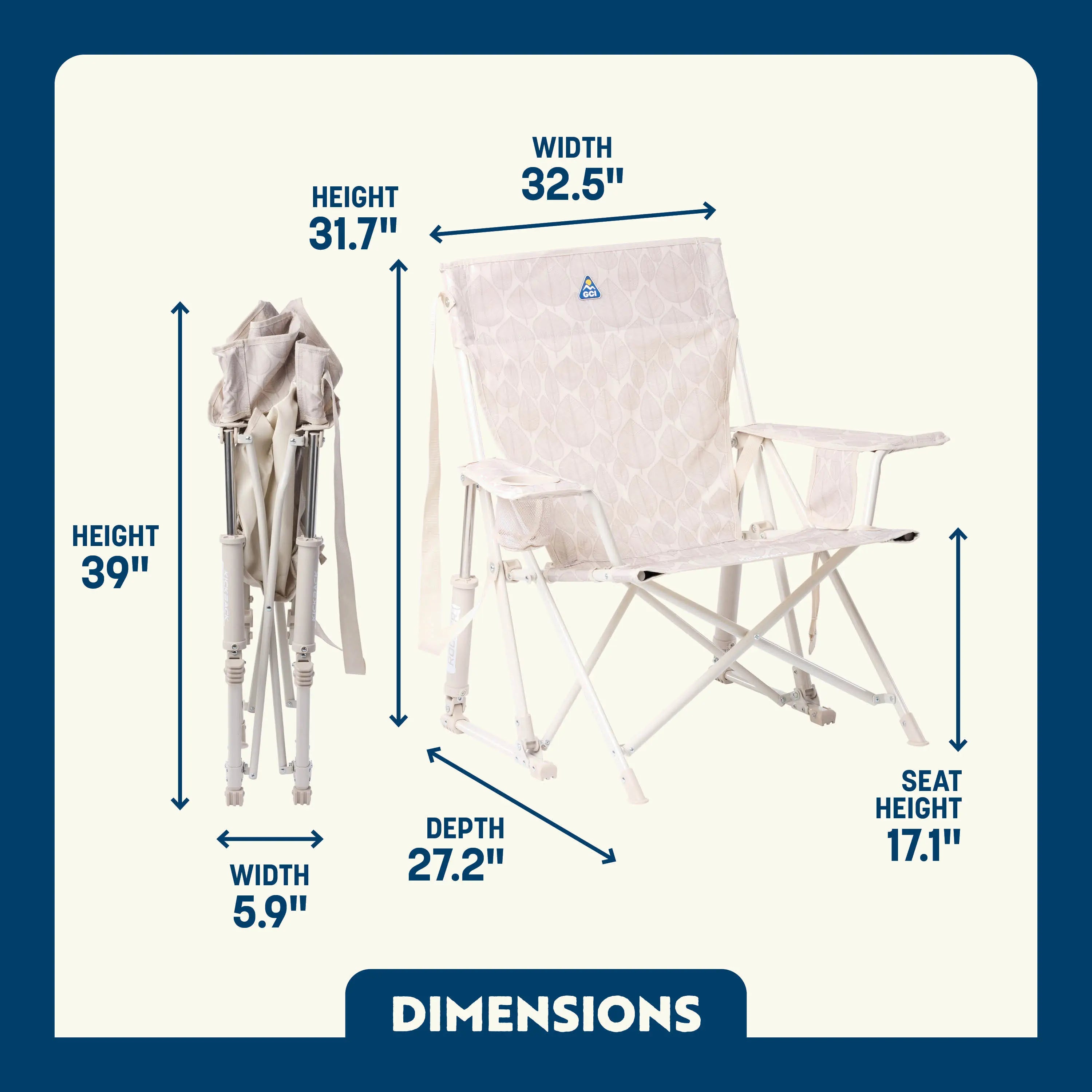 Kickback Rocker shown open and folded, with labeled height, width, depth, and seat height for easy reference.