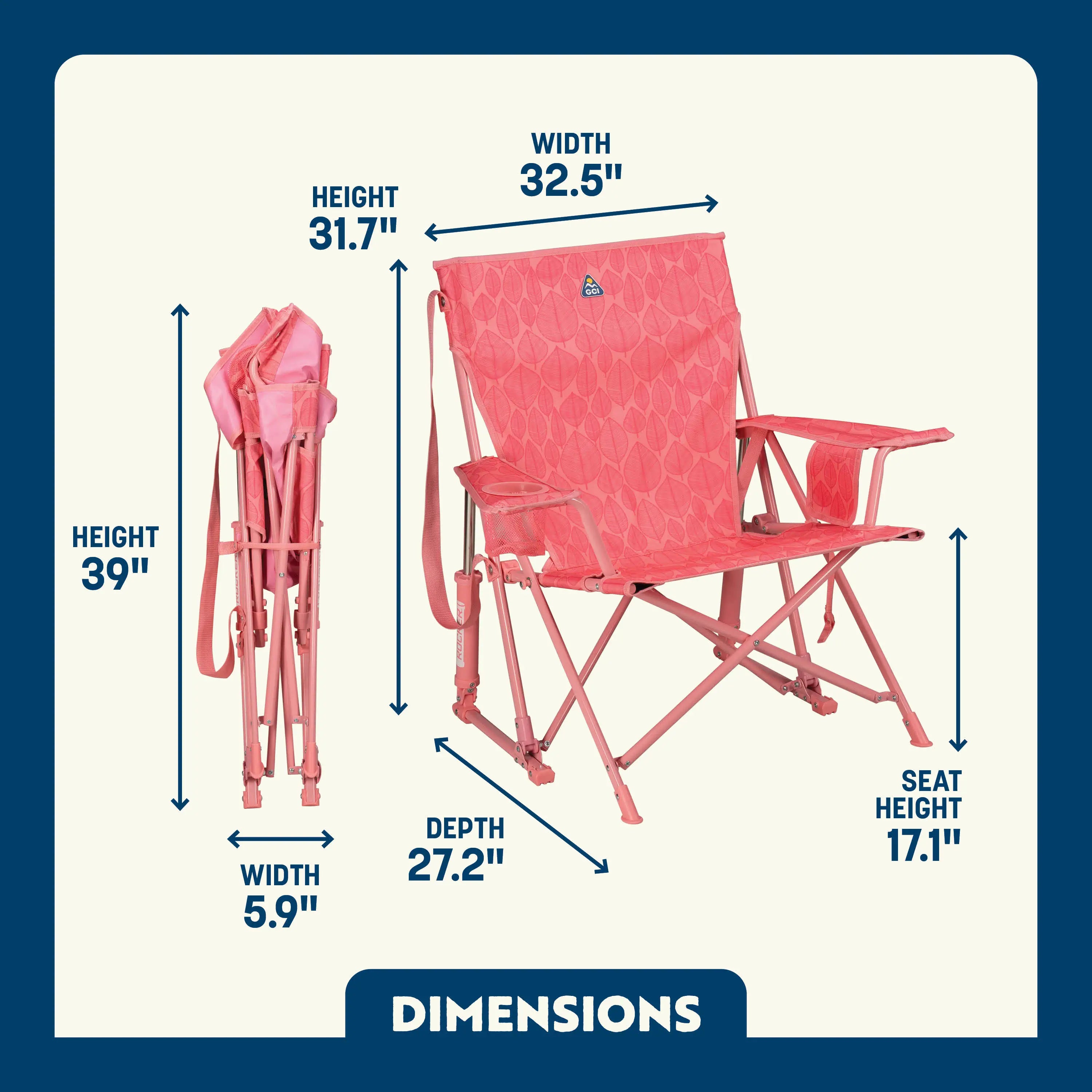 Kickback Rocker shown open and folded, with labeled height, width, depth, and seat height for easy reference.