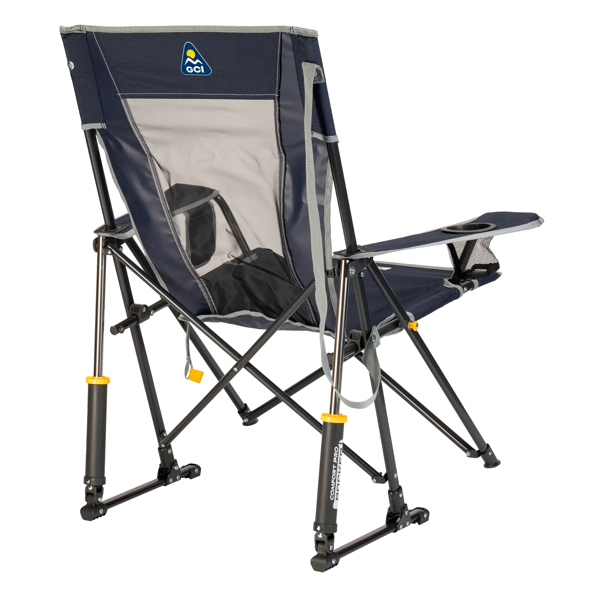 Back right angle of the indigo comfort pro rocker showing the spring-action rockers. 