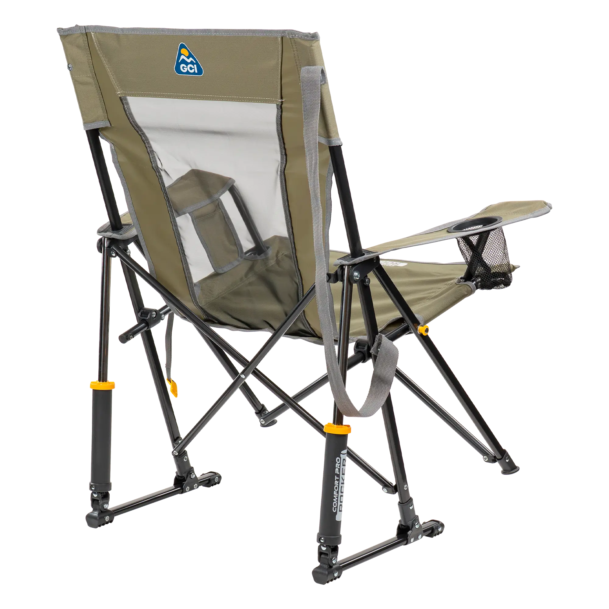 Back right angle of the loden green comfort pro rocker showing the spring-action rockers. 
