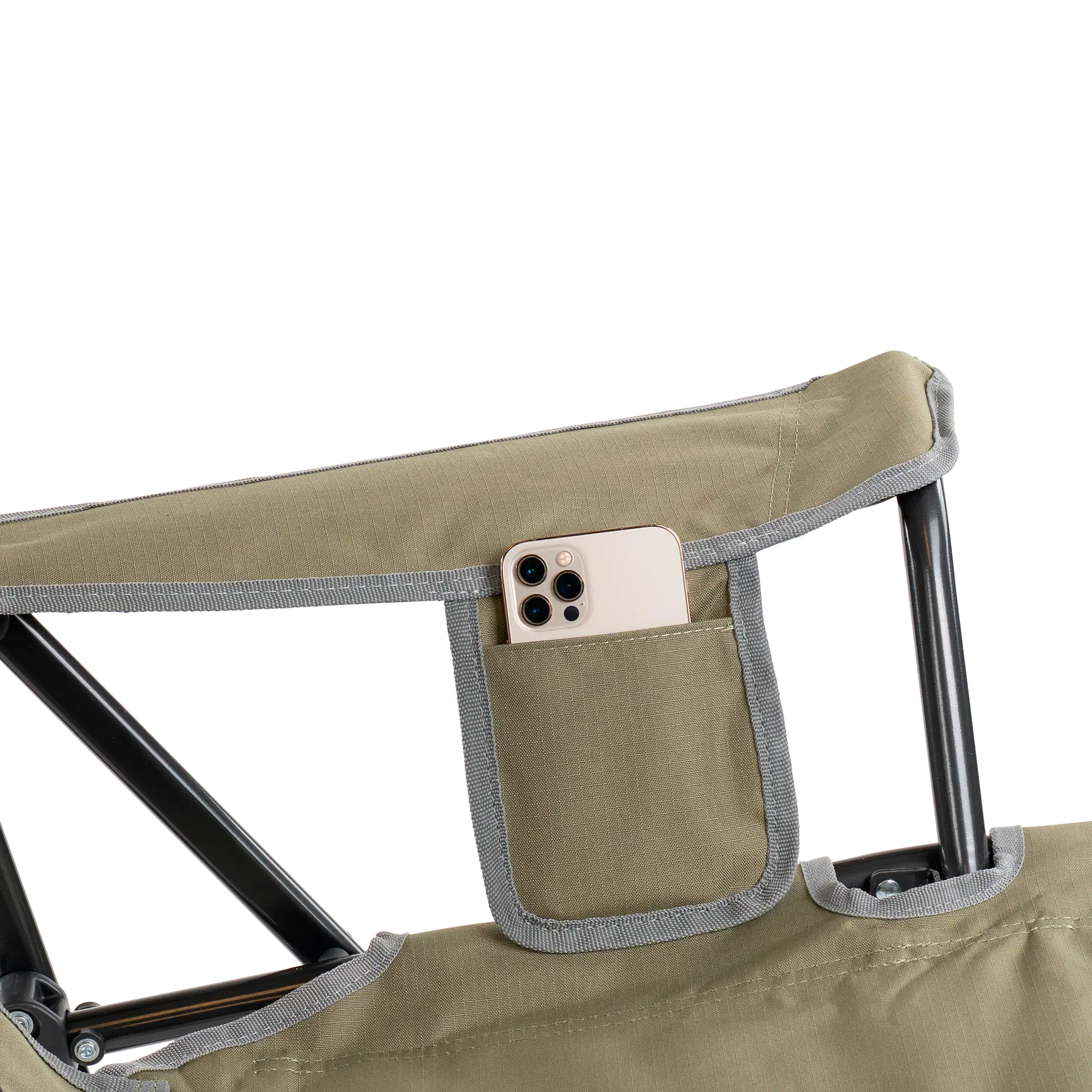 Up-close of the loden green comfort pro rocker phone holder pocket. 