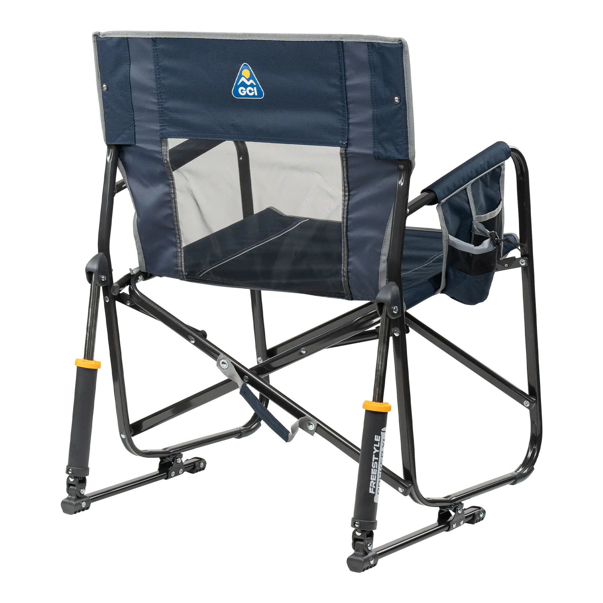 Rear view of GCI Outdoor Freestyle Rocker showing mesh backrest and storage pouch.