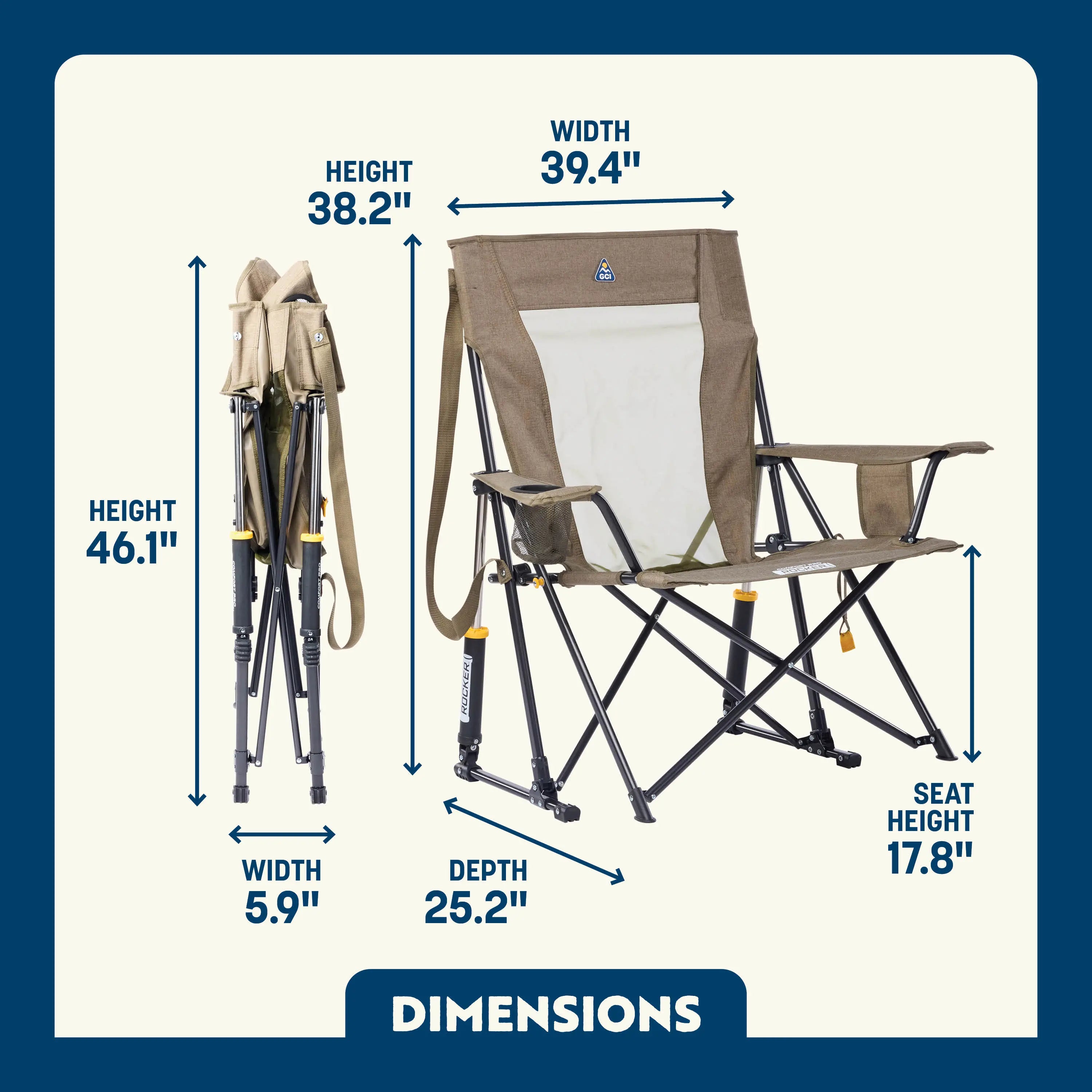 Tan Comfort Pro XL rocker shown folded and open, featuring wide seat, mesh back, and carry strap.