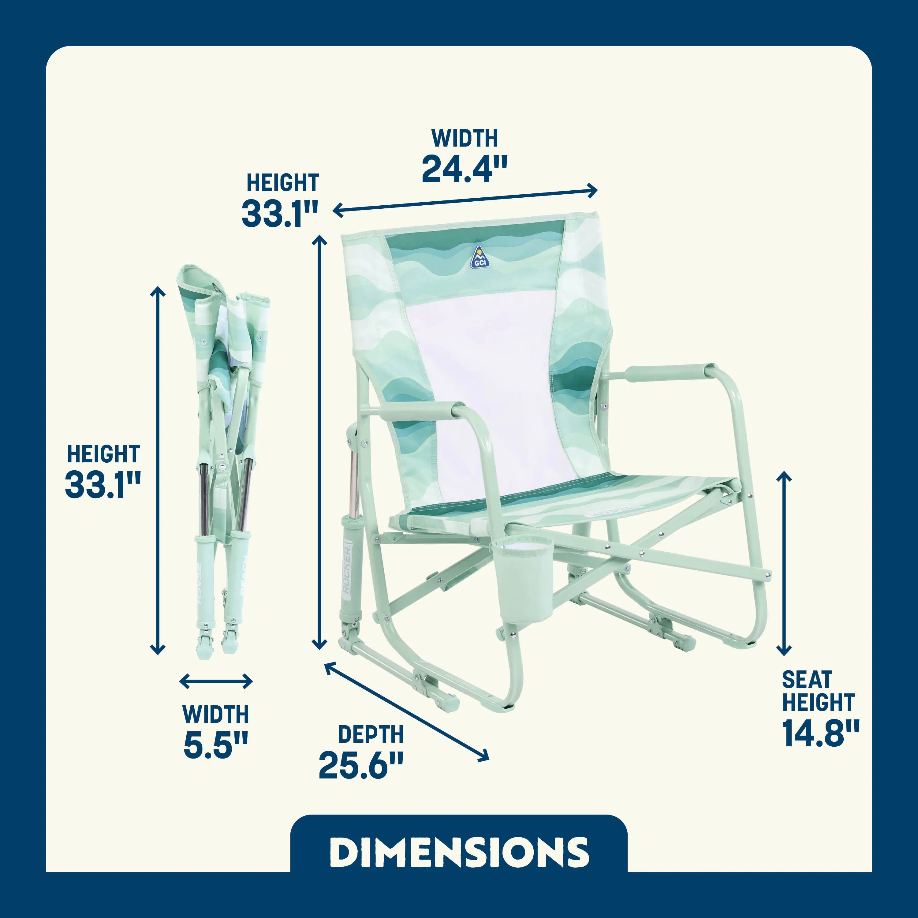 Dimension overview of the Beach Rocker chair, with labeled arrows indicating height, width, depth, and seat height.