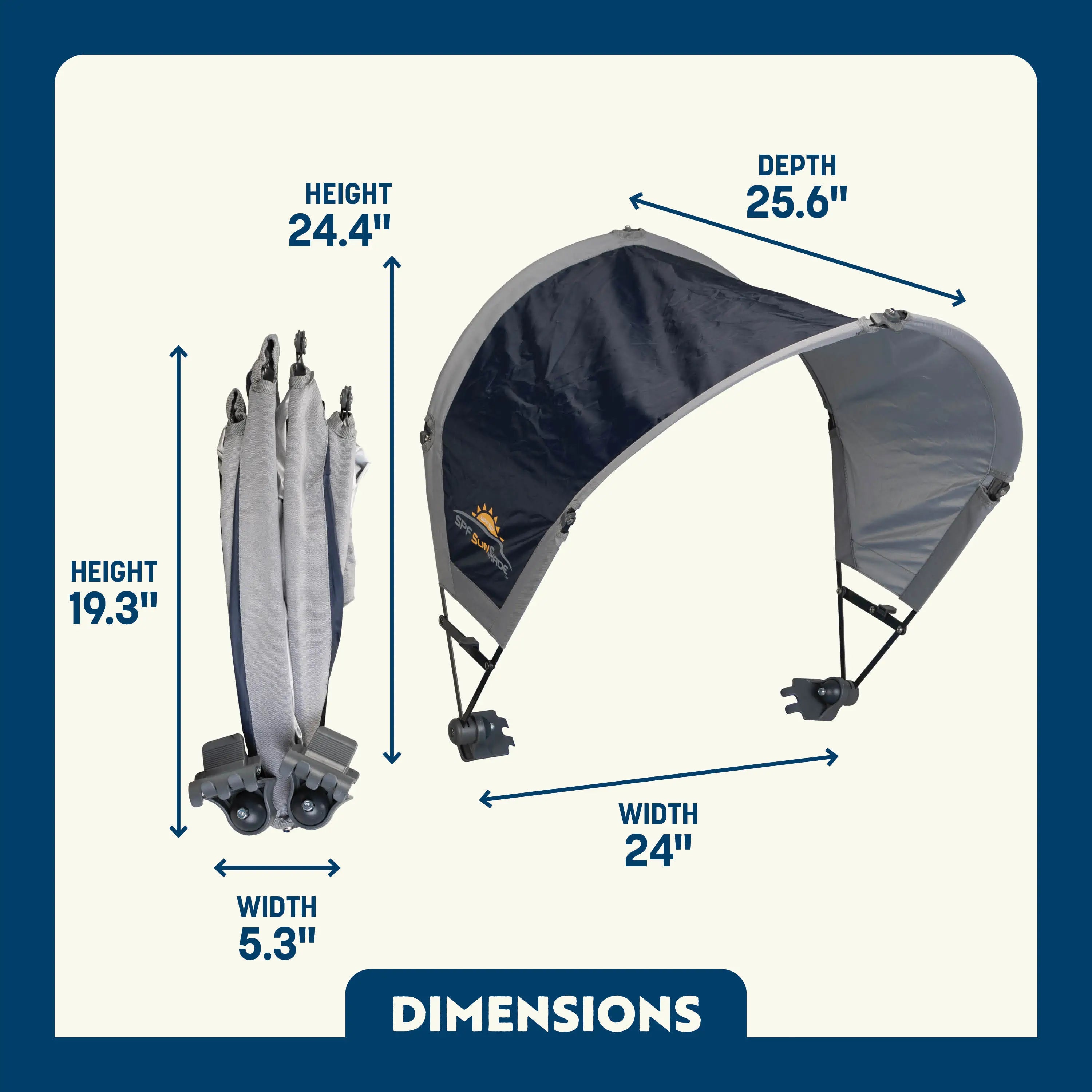 Dimension overview of the Sunshade Accessory shown open and folded, with labeled height, width, and depth measurements.