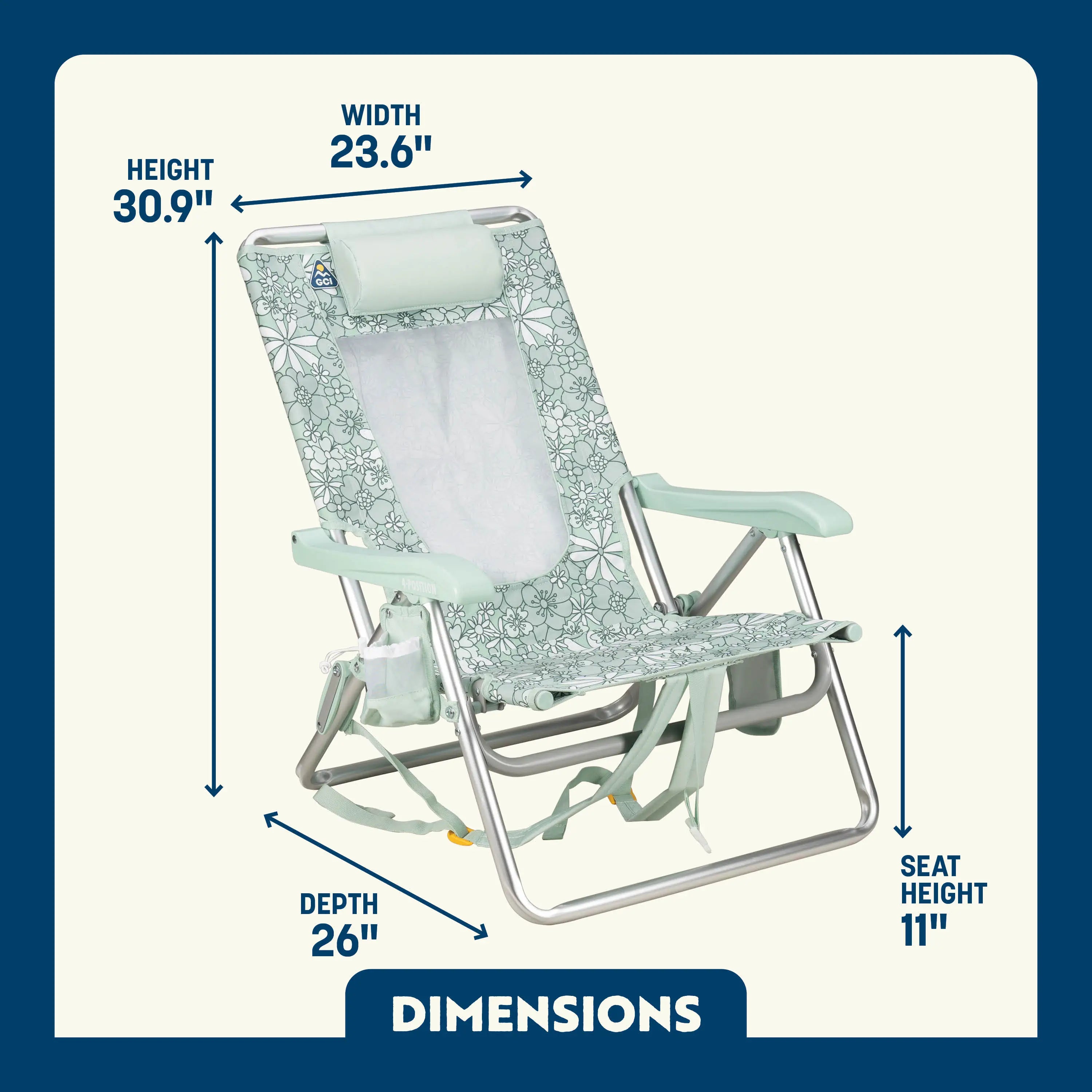 Dimension overview of the Backpack Beach Chair, with labeled height, width, depth, and seat height.