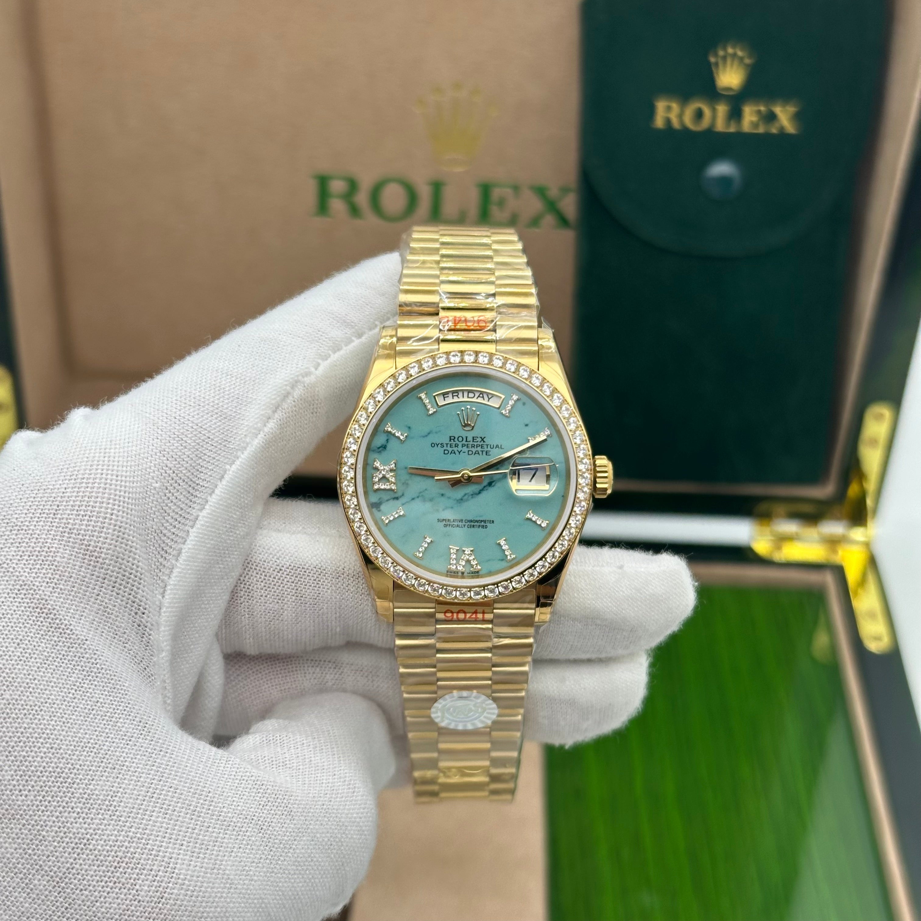Rolex Day-Date 36MM Yellow Gold Turquoise Dial Diamond Bezel President Bracelet