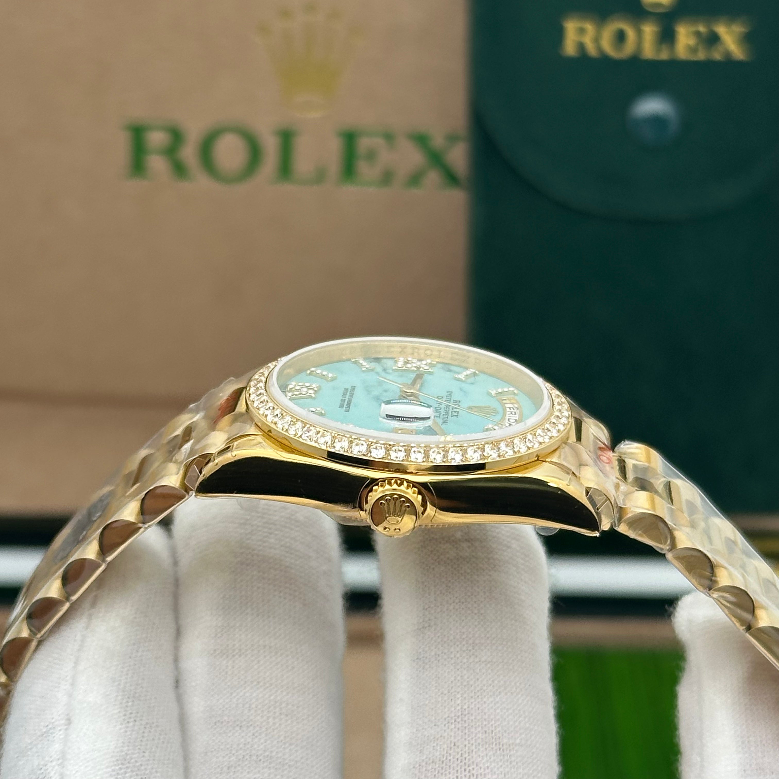 Rolex Day-Date 36MM Yellow Gold Turquoise Dial Diamond Bezel President Bracelet