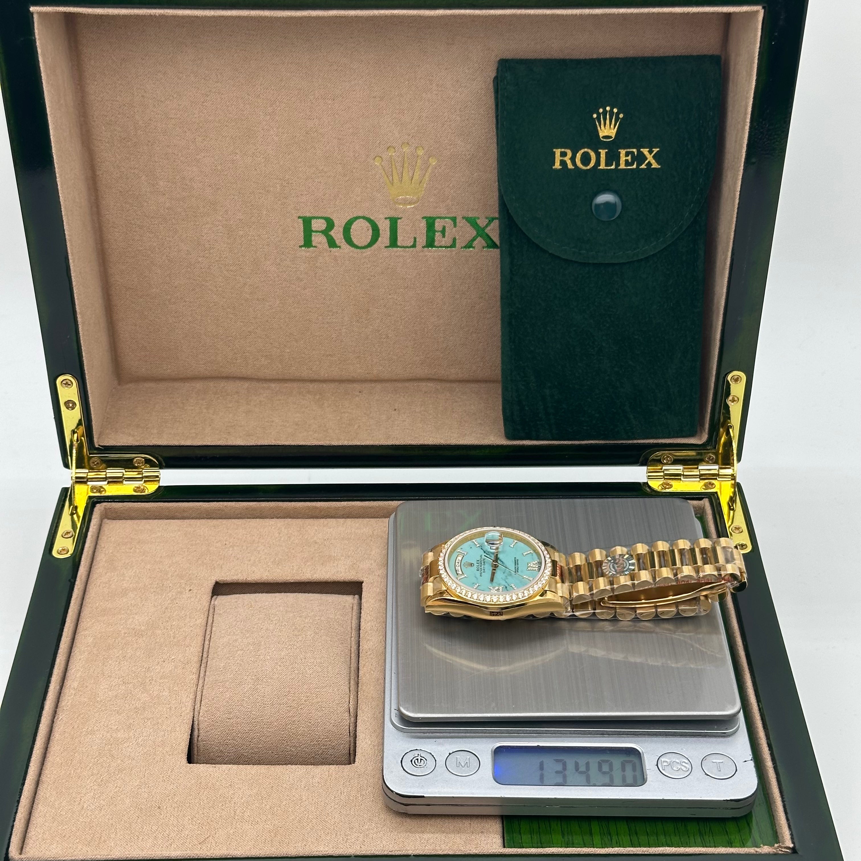 Rolex Day-Date 36MM Yellow Gold Turquoise Dial Diamond Bezel President Bracelet