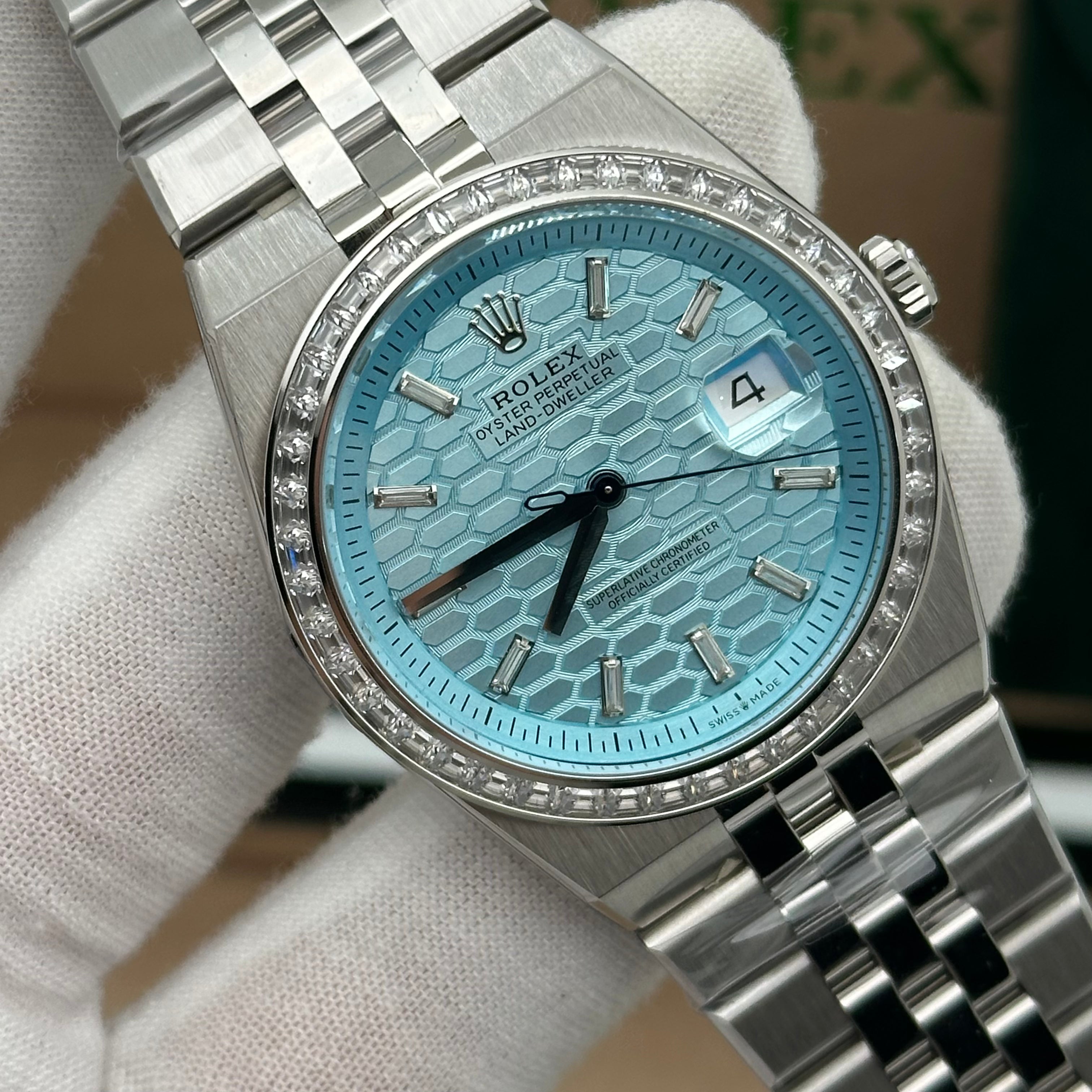 Rolex Oyster Perpetual 40MM Land-Dweller Ice Blue Dial with Diamond Bezel – Jubilee Bracelet