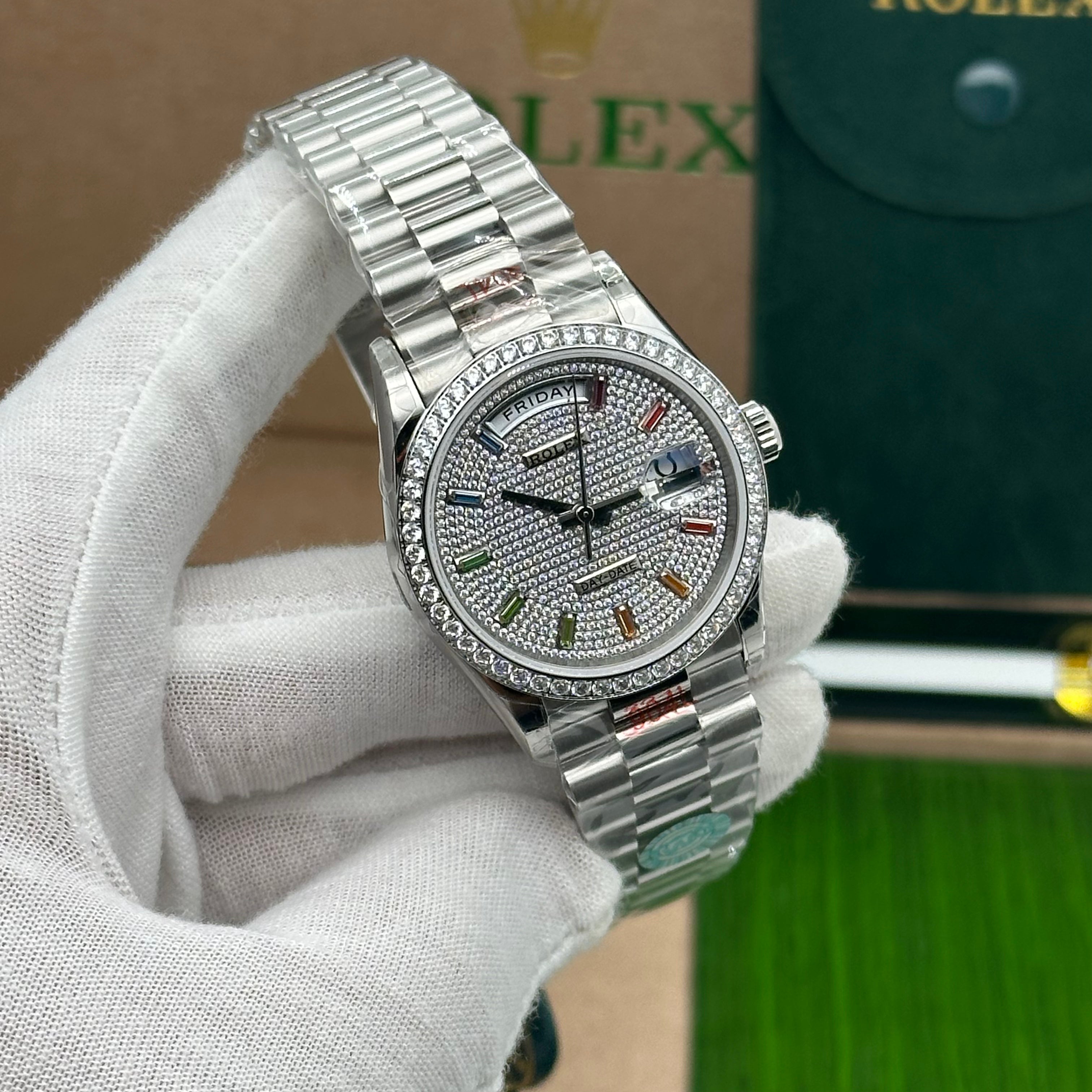 Rolex Day-Date 36MM White Gold Diamond-Paved Dial with Rainbow Sapphire Indexes