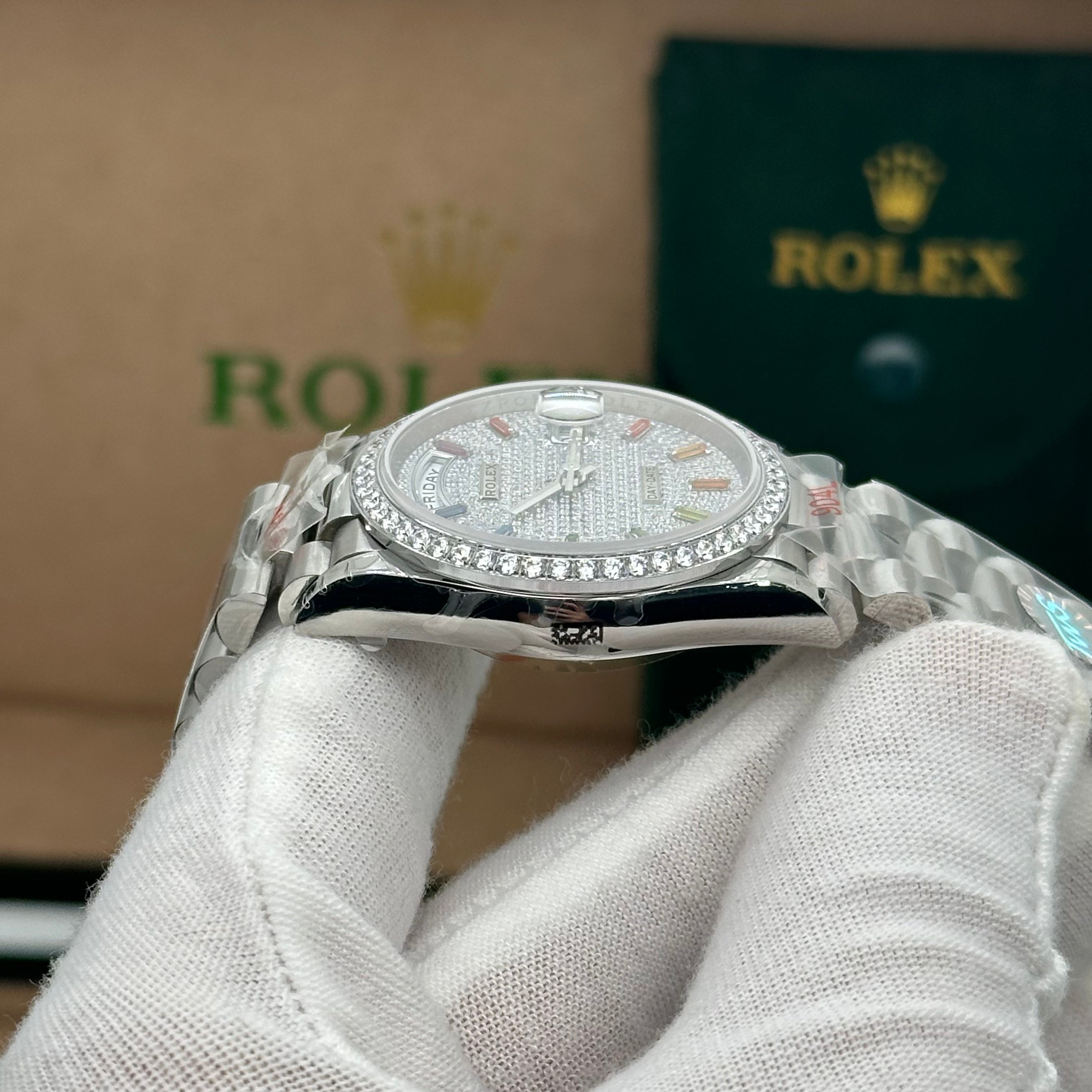 Rolex Day-Date 36MM White Gold Diamond-Paved Dial with Rainbow Sapphire Indexes