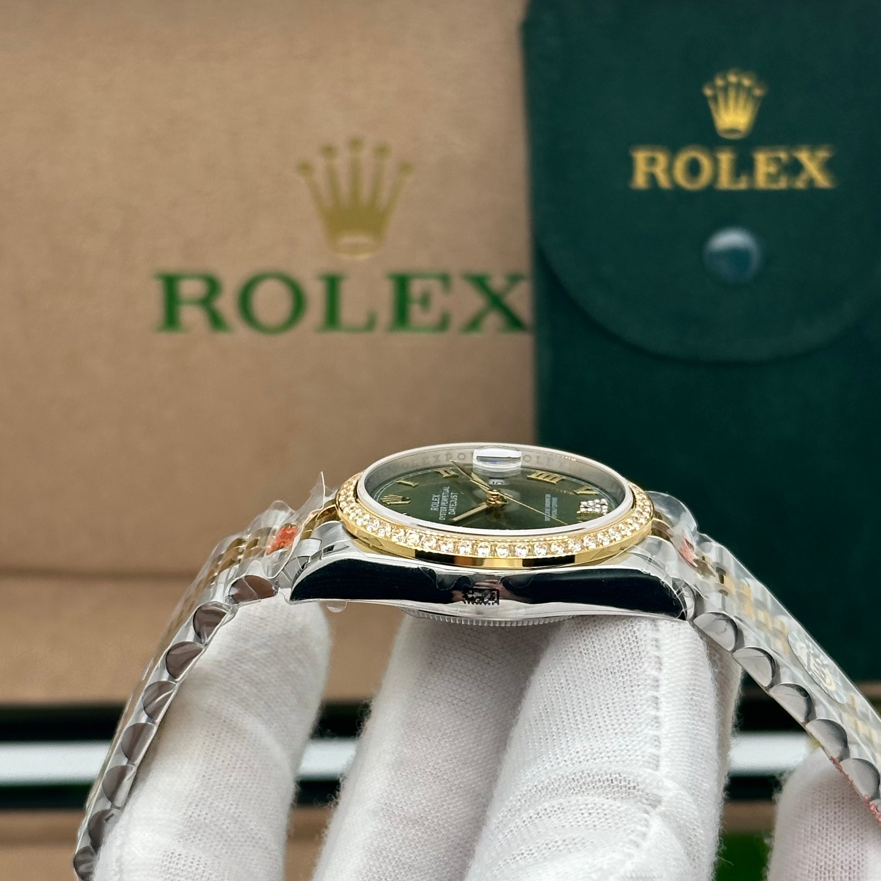 Rolex Datejust 36mm Two-Tone Jubilee Green Dial with Diamond Roman Numerals & Diamond Bezel