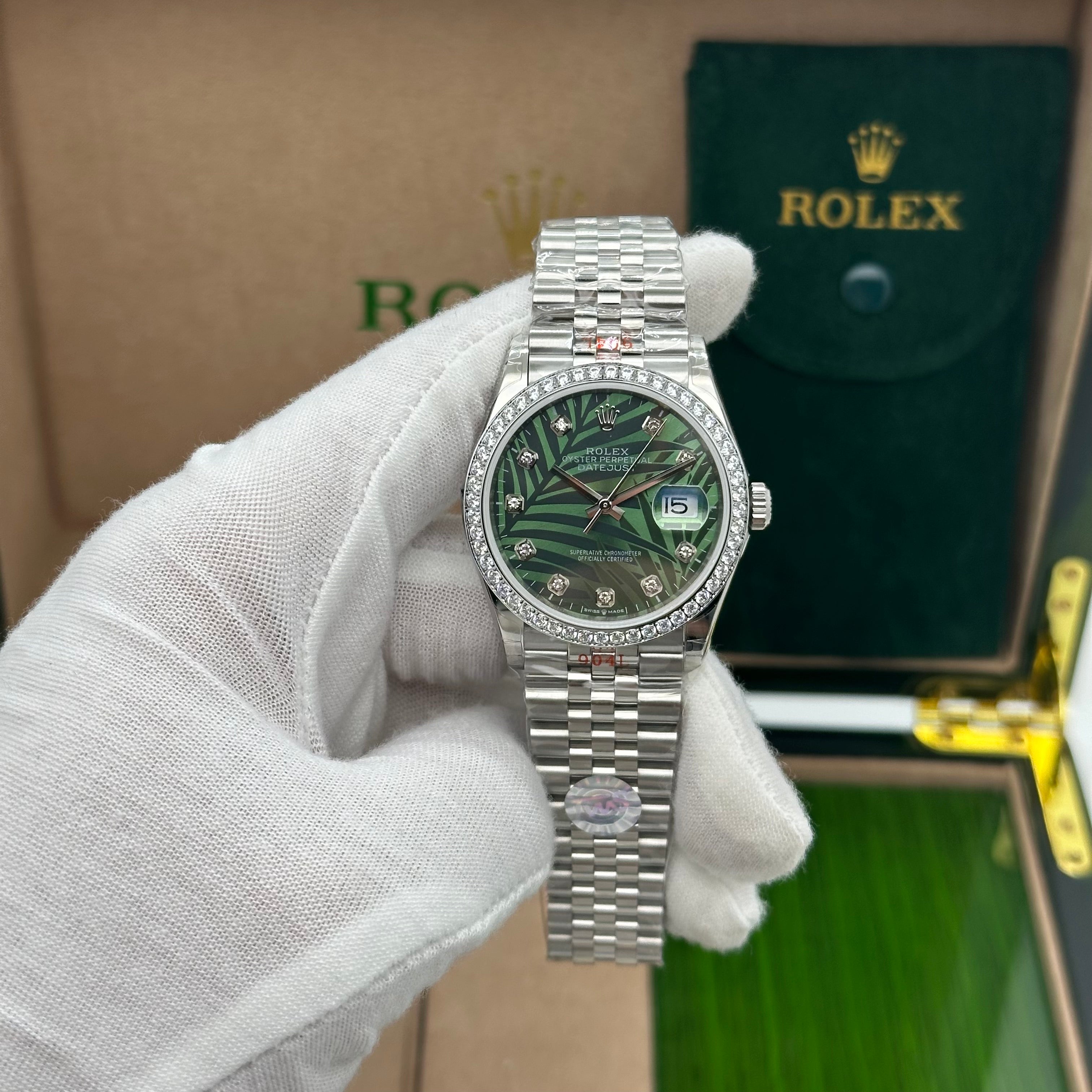 Rolex Datejust 36mm Oyster Perpetual Green Palm Motif Dial with Diamonds