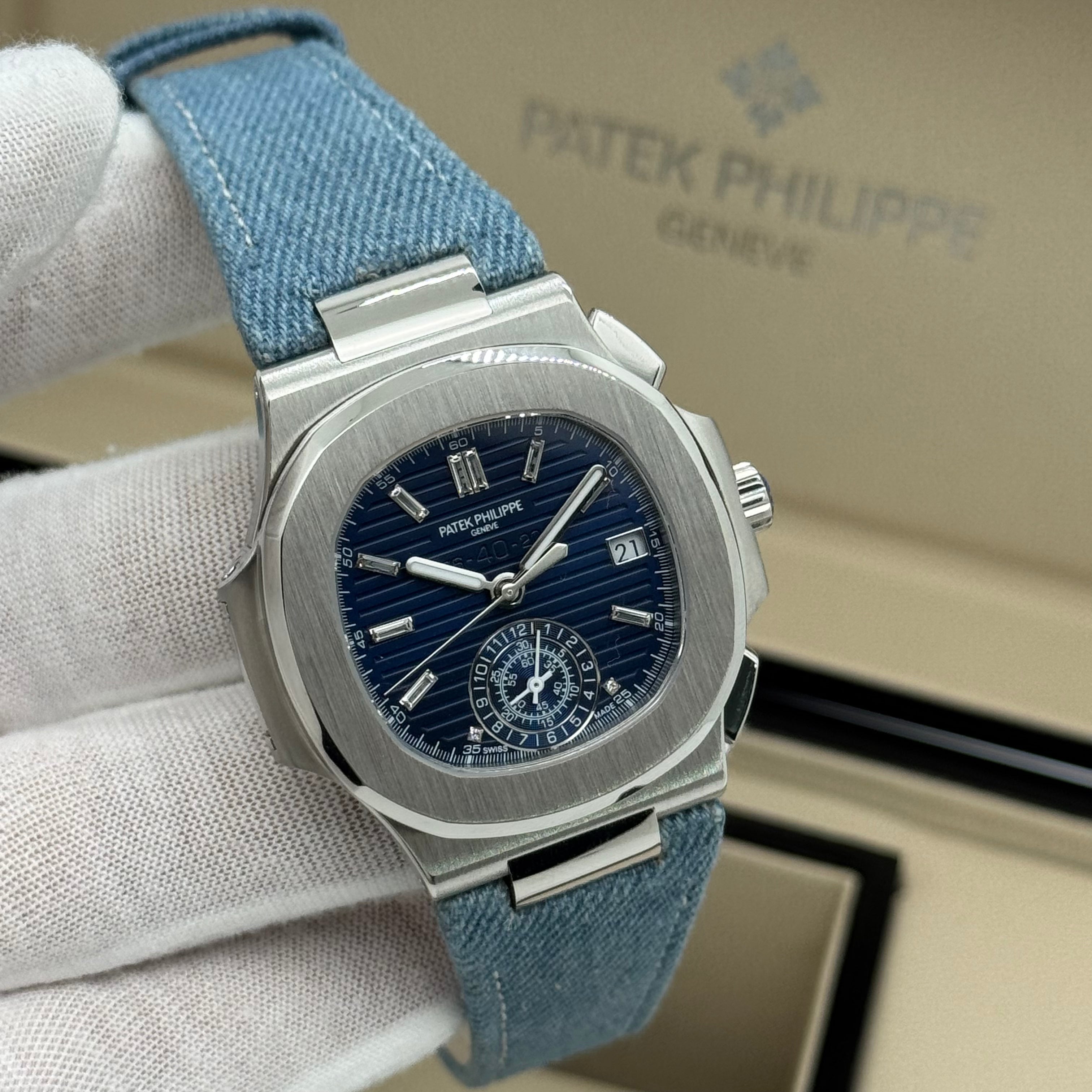 Patek Philippe Nautilus Chronograph – Blue Dial – Denim Strap – Swiss Super Clone
