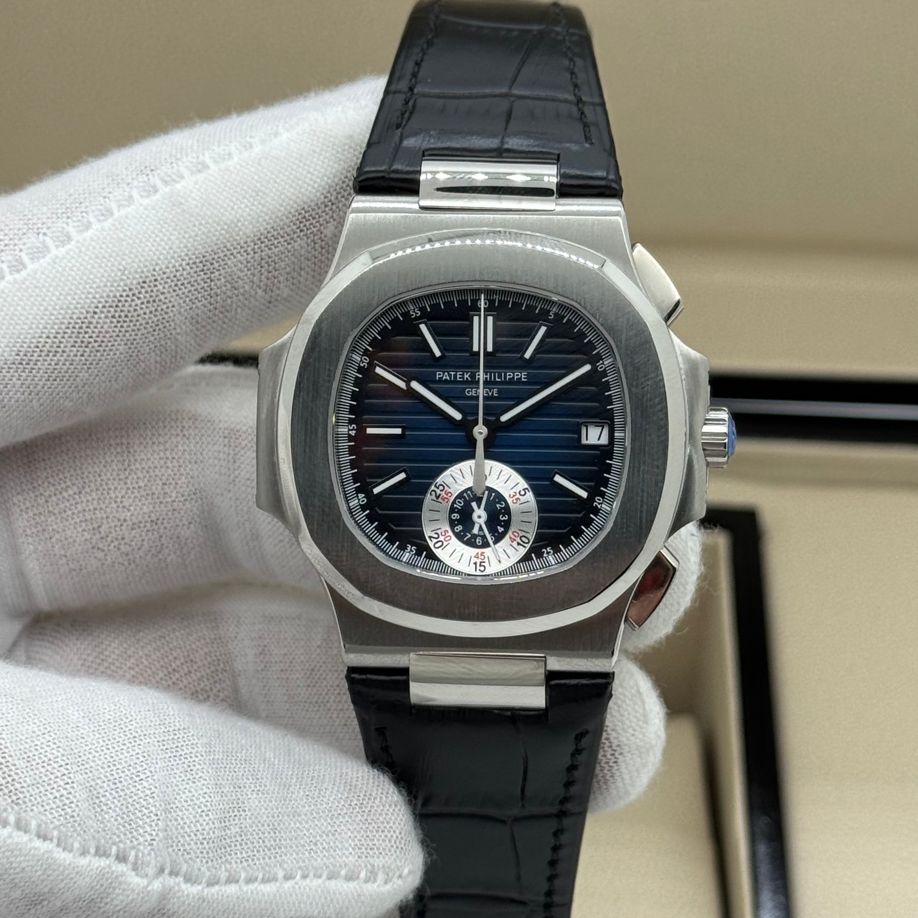 Patek Philippe Nautilus Chronograph – Blue Dial – Black Leather – Swiss Super Clone
