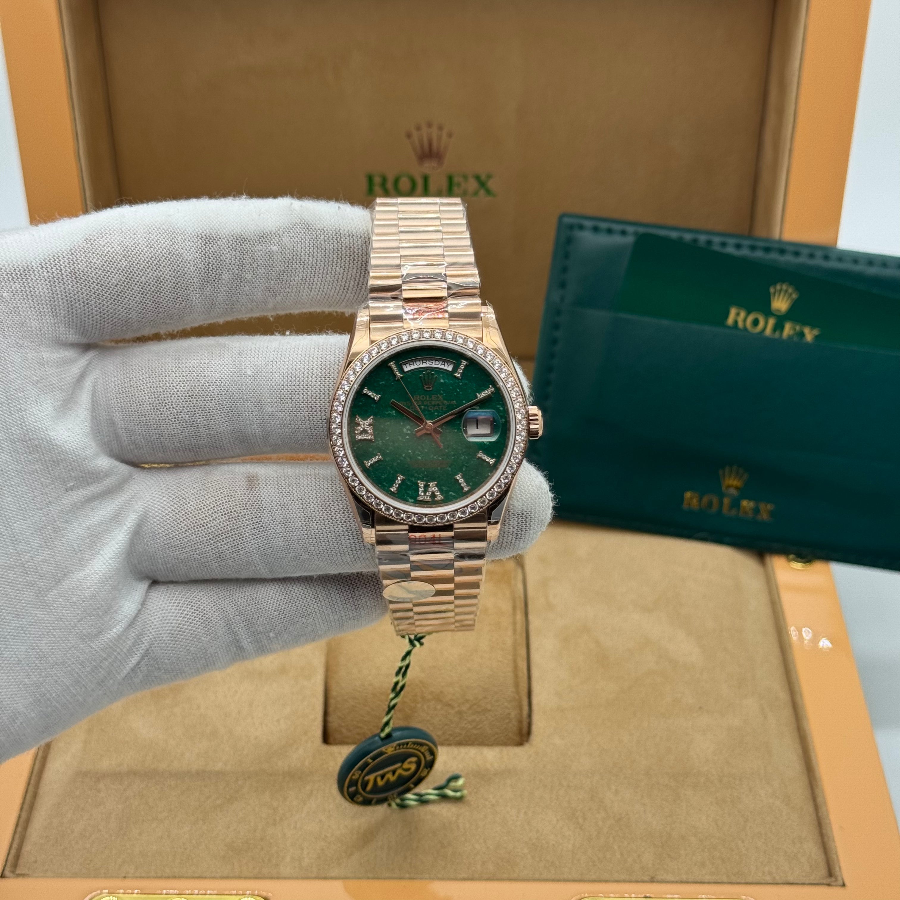 Rolex Emerald Green President Watch – Rose Gold – Diamond Bezel (Day-Date)