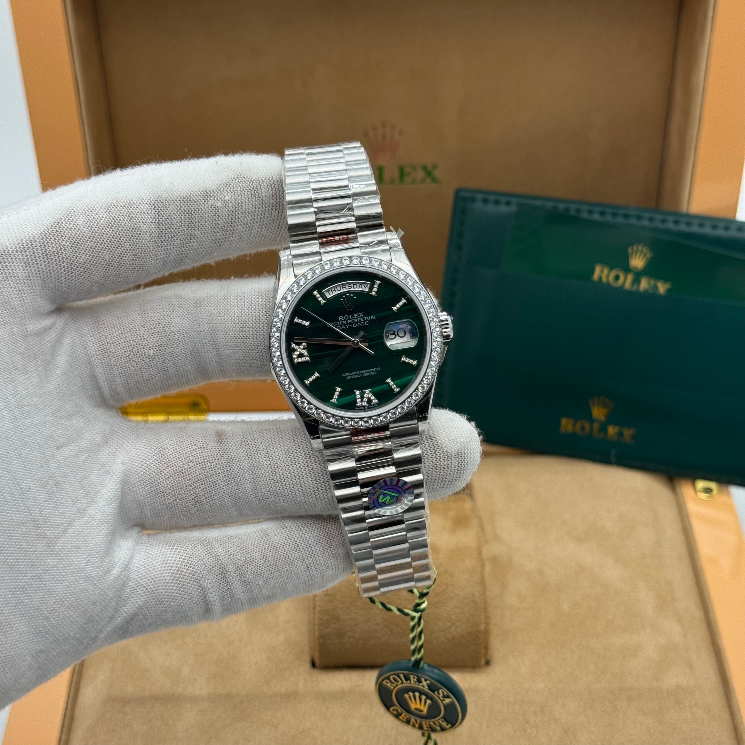 Rolex Day-Date Silver Day-Date Watch – Emerald Green Dial – Diamond Bezel