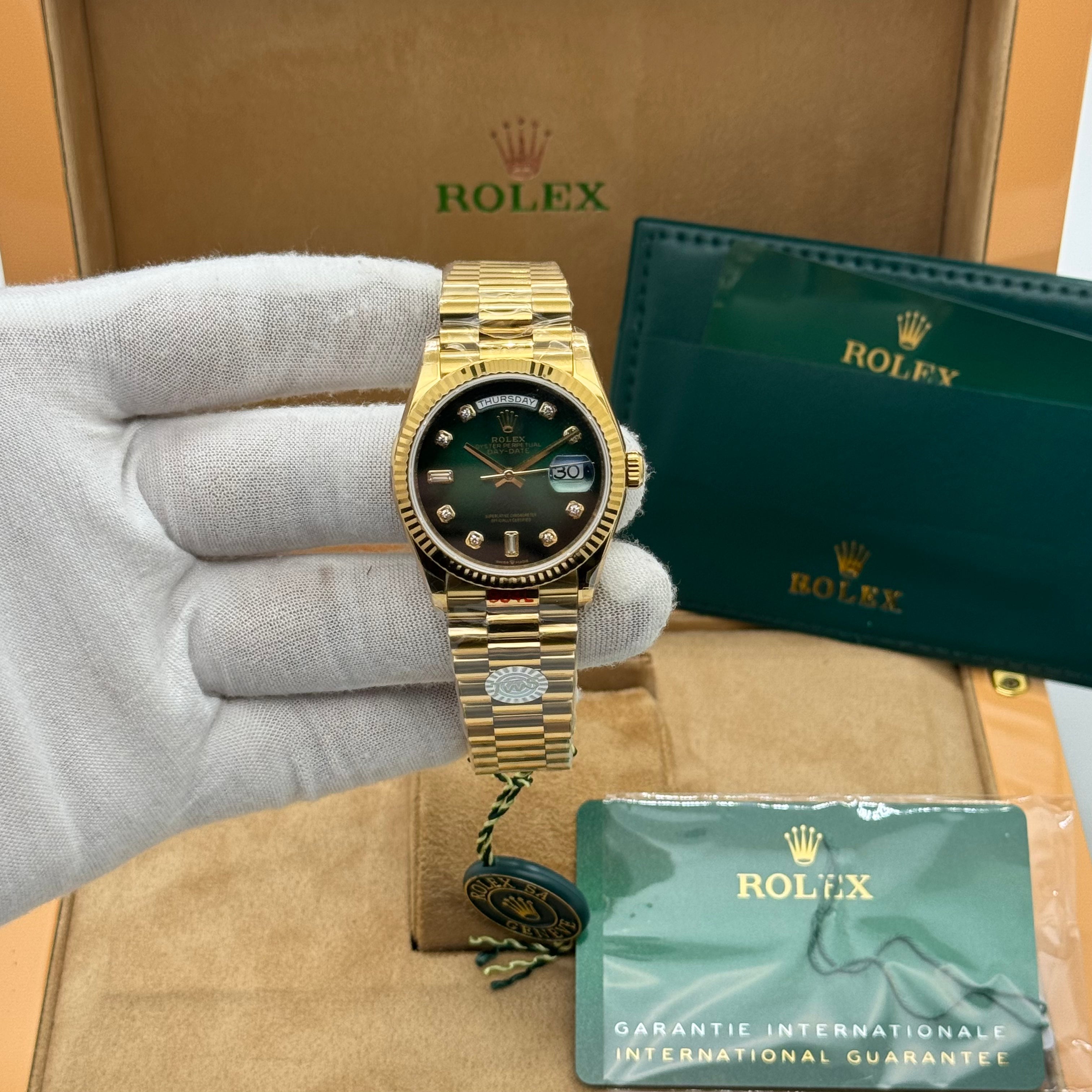 Rolex Day-Date Gold 36MM Watch – Emerald Green Dial – Diamond Markers