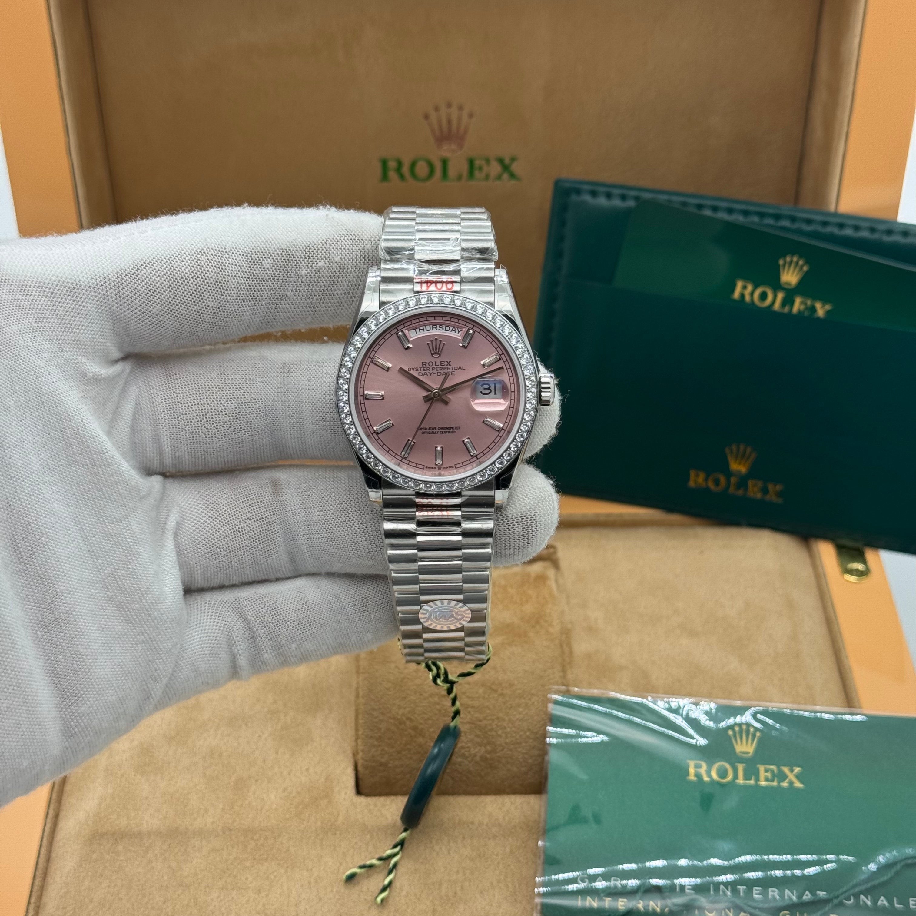 Rolex Day-Date 36MM – Pink Dial w/ Diamond Bezel (Silver Tone)