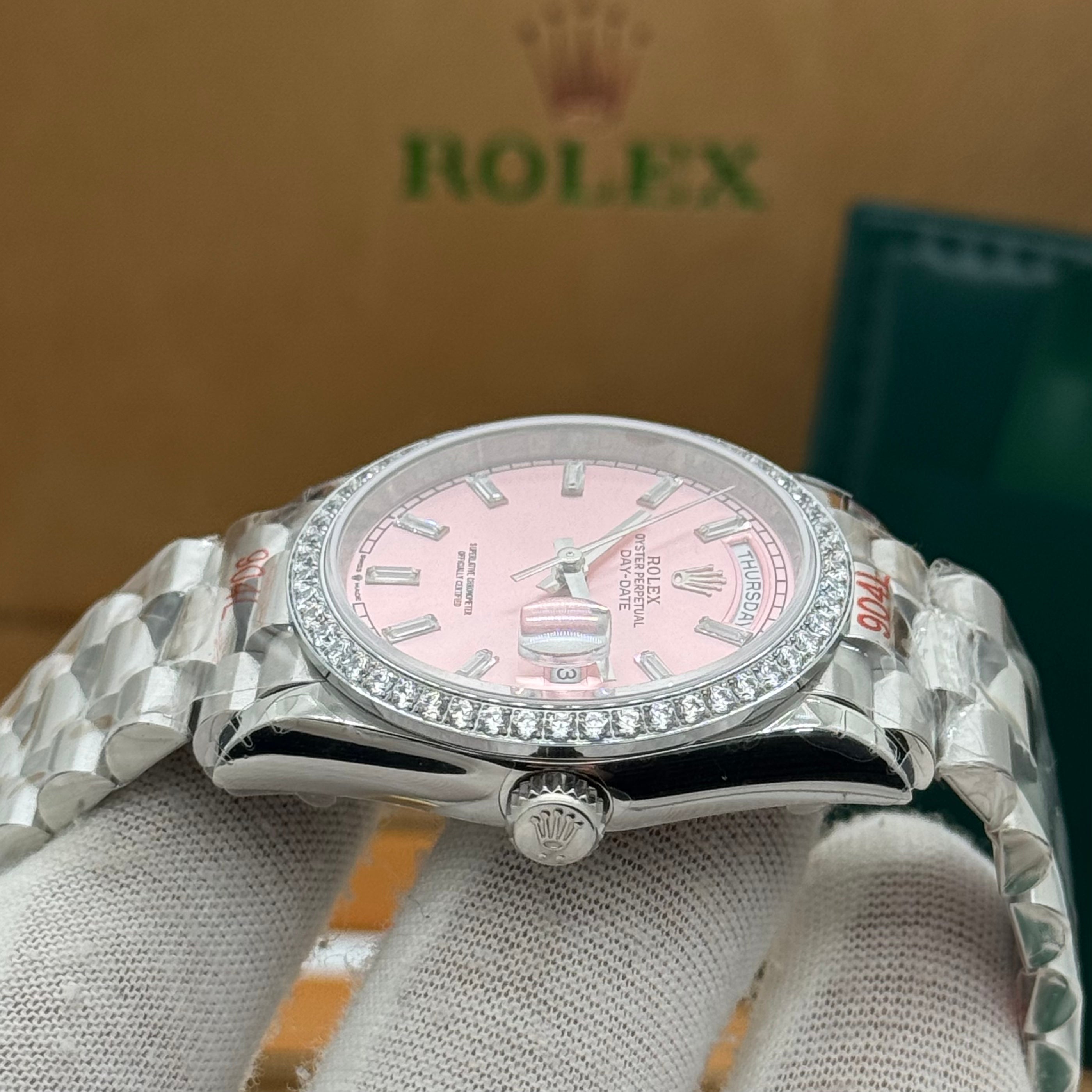Rolex Day-Date 36MM – Pink Dial w/ Diamond Bezel (Silver Tone)