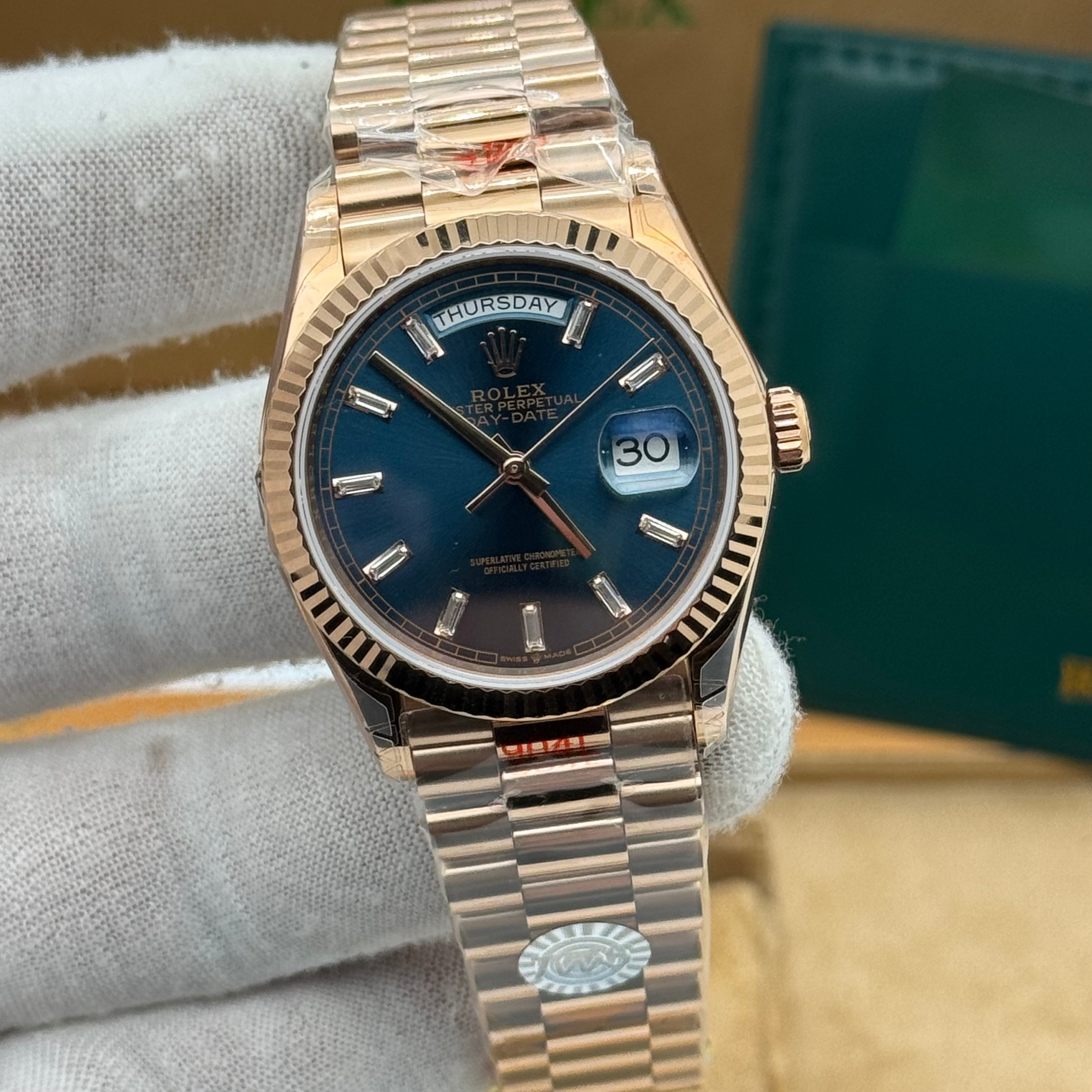 Rose Gold Day-Date 36MM Watch – Blue Dial – Fluted Bezel