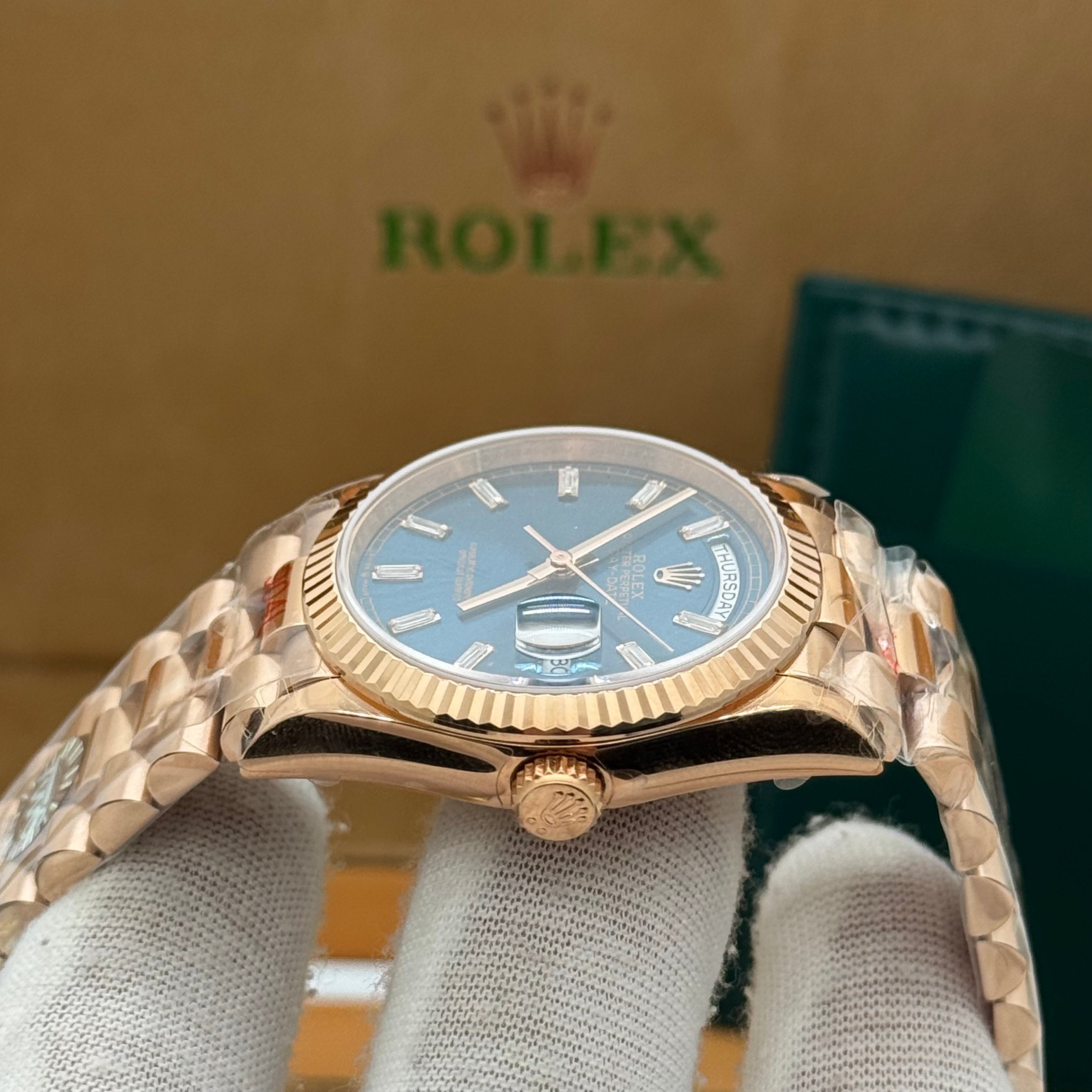 Rose Gold Day-Date 36MM Watch – Blue Dial – Fluted Bezel