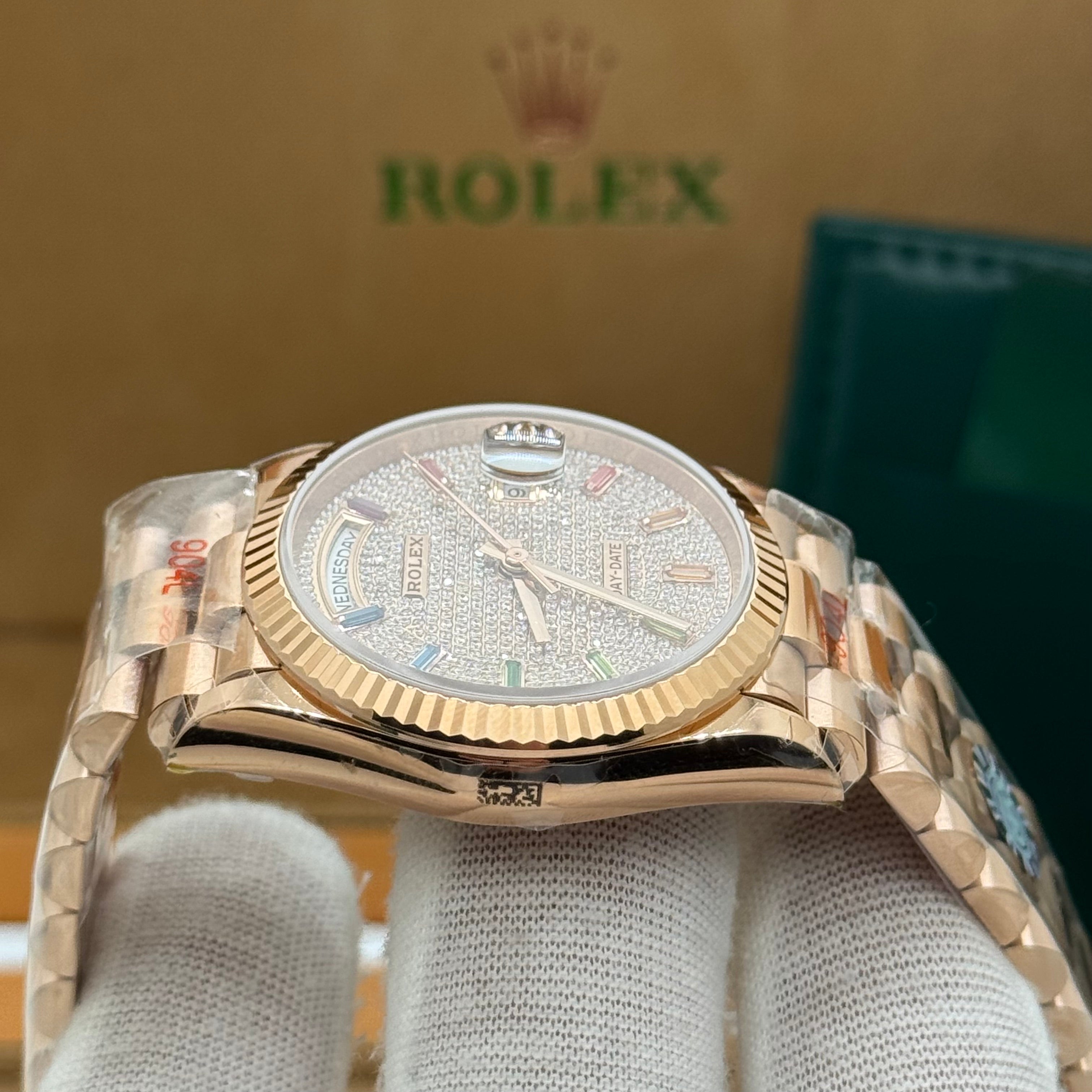 Rolex Day-Date Rose Gold Watch – Full Diamond Pavé Dial – Rainbow Markers