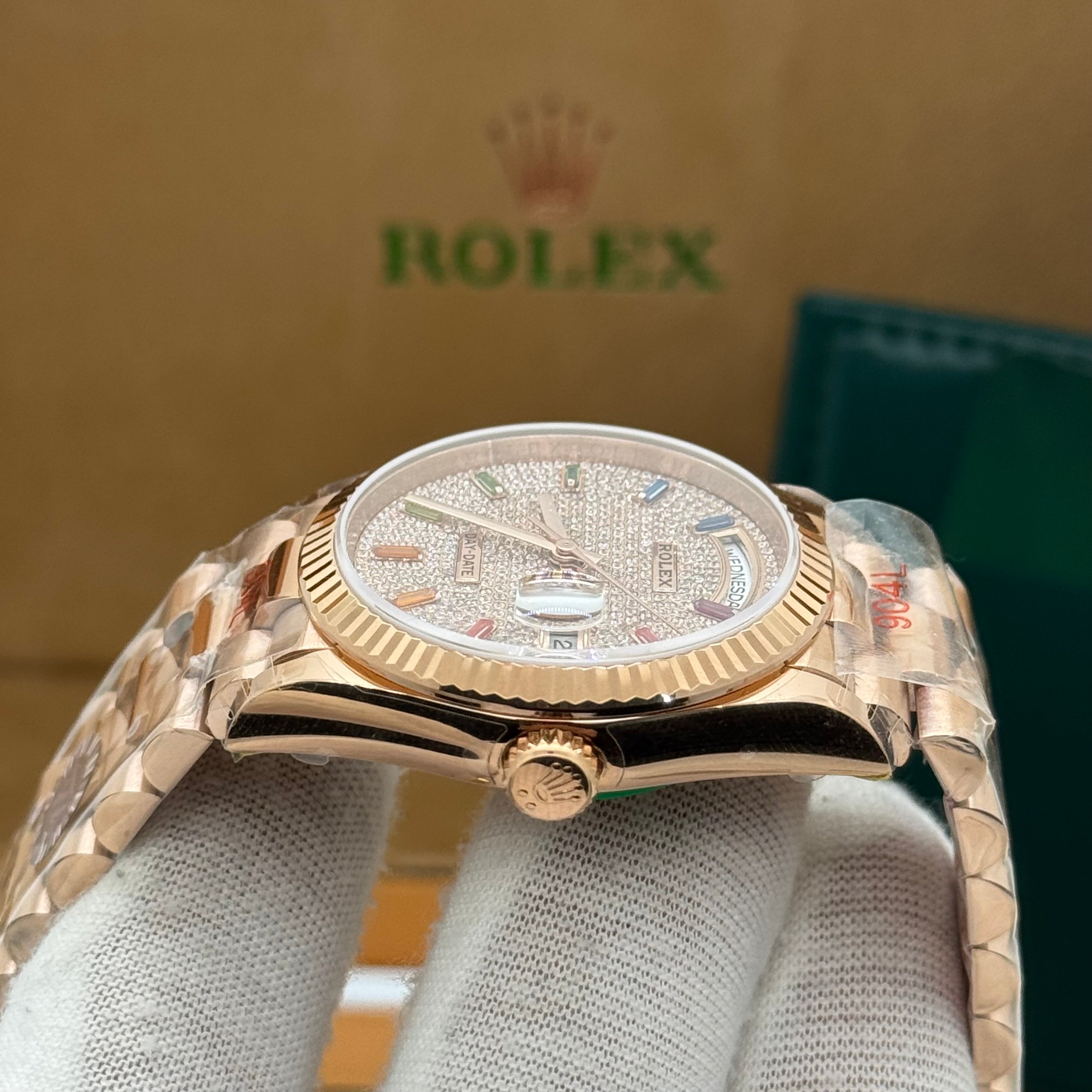 Rolex Day-Date Rose Gold Watch – Full Diamond Pavé Dial – Rainbow Markers