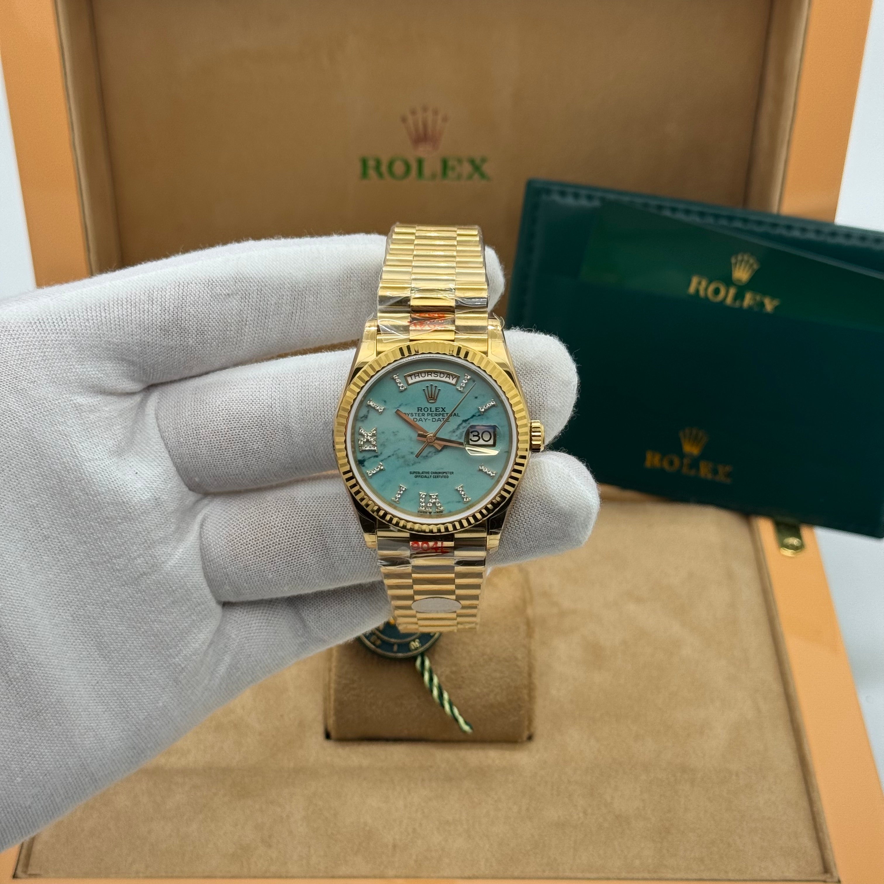 Rolex Day-Date 36MM - Gold With Turquoise Marble Dial & Diamond-Style Makers
