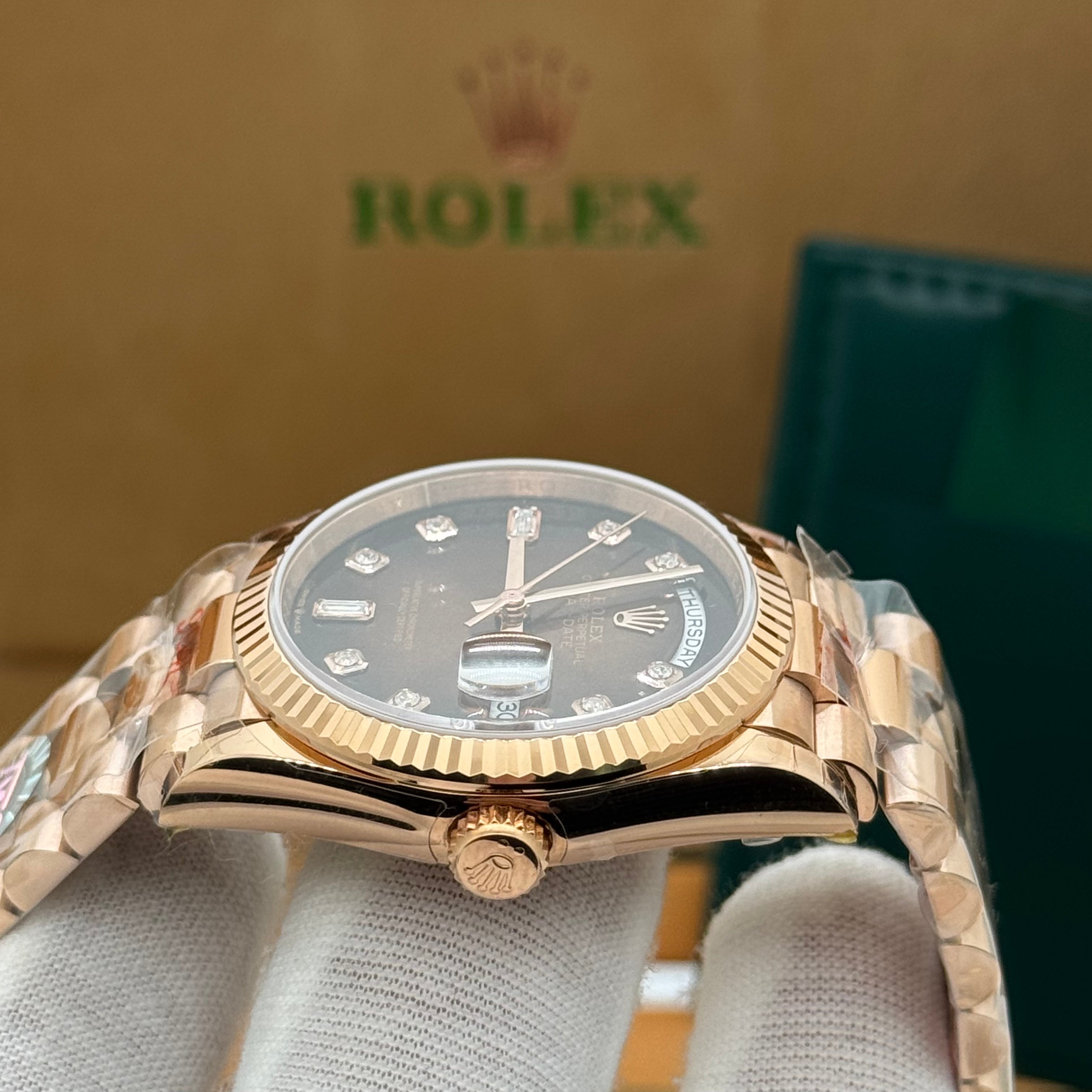Rolex Day-Date 36MM– Rose Gold Presidential, Black Gradient Dial & Diamond-Style Markers