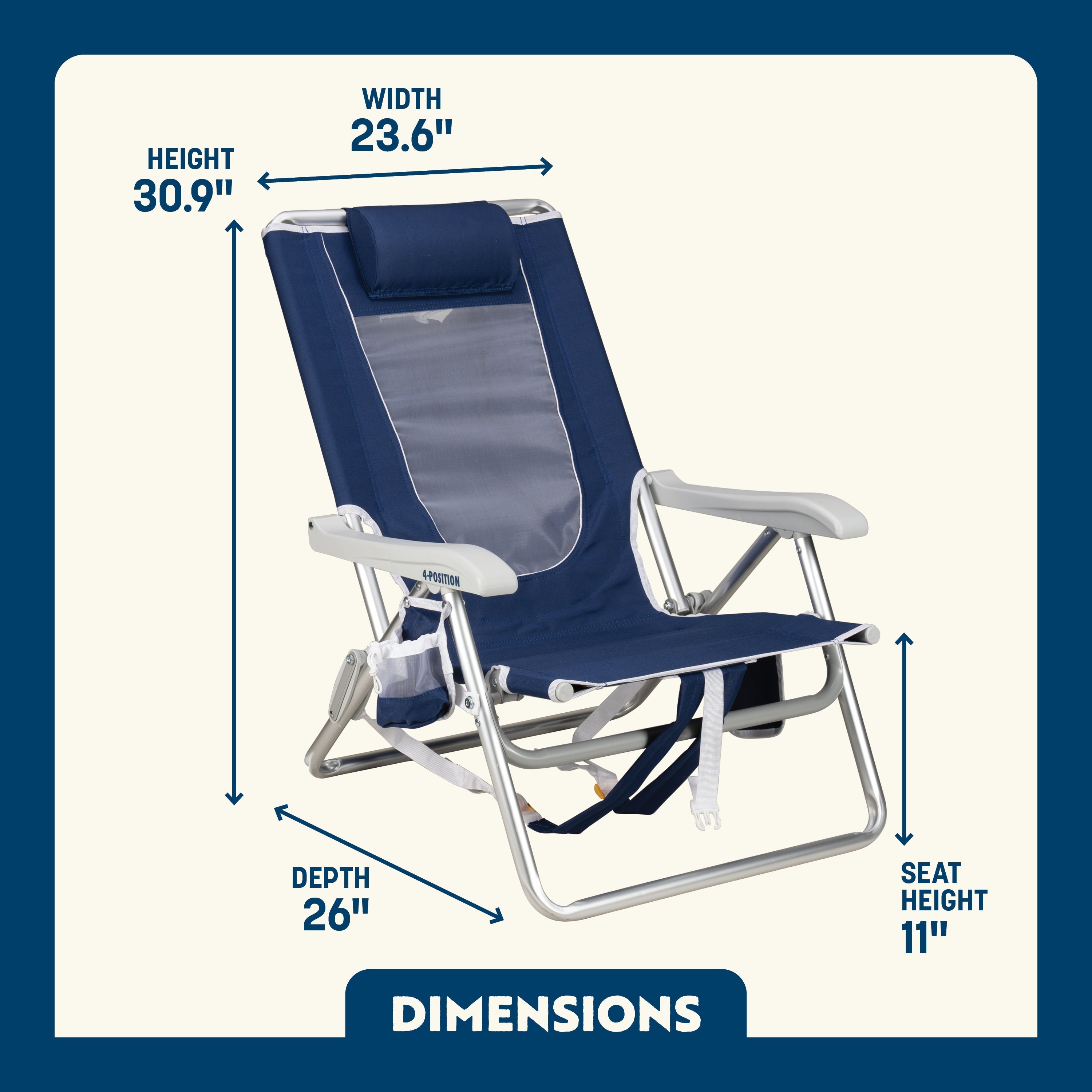 Dimension overview of the Backpack Beach Chair, with labeled height, width, depth, and seat height.