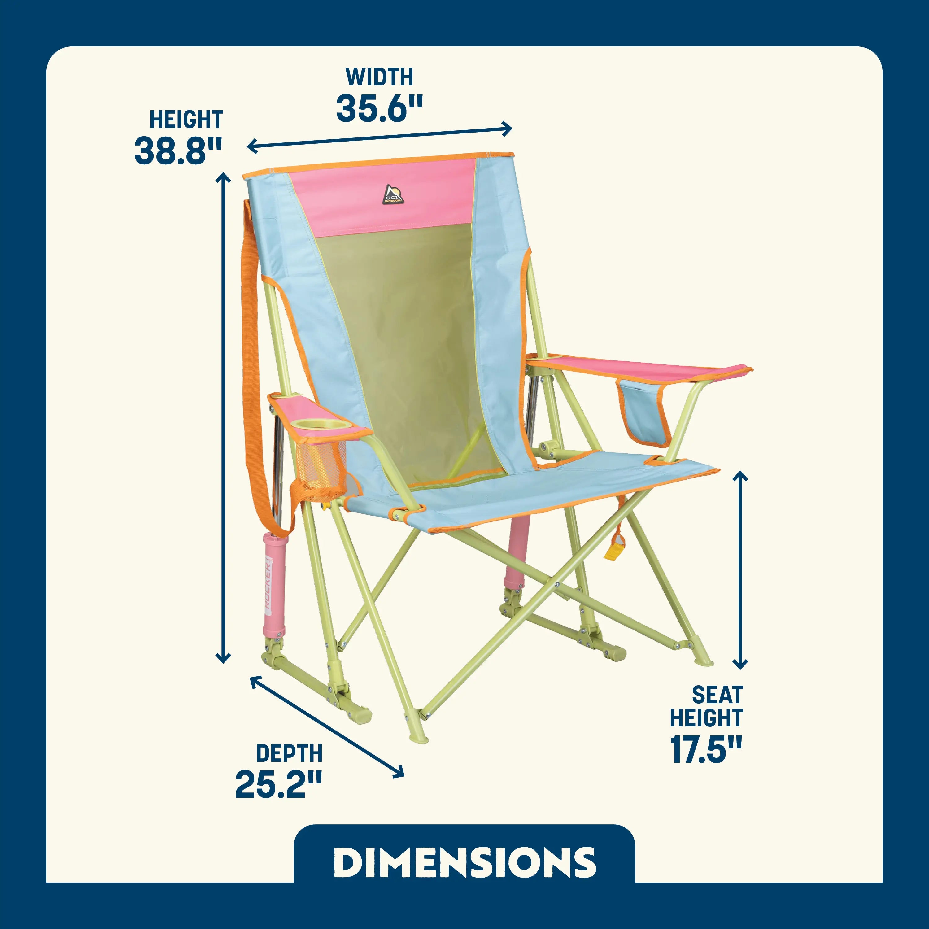 Sweet Tea Comfort Pro Rocker in blue, pink, and green showing dimensions.