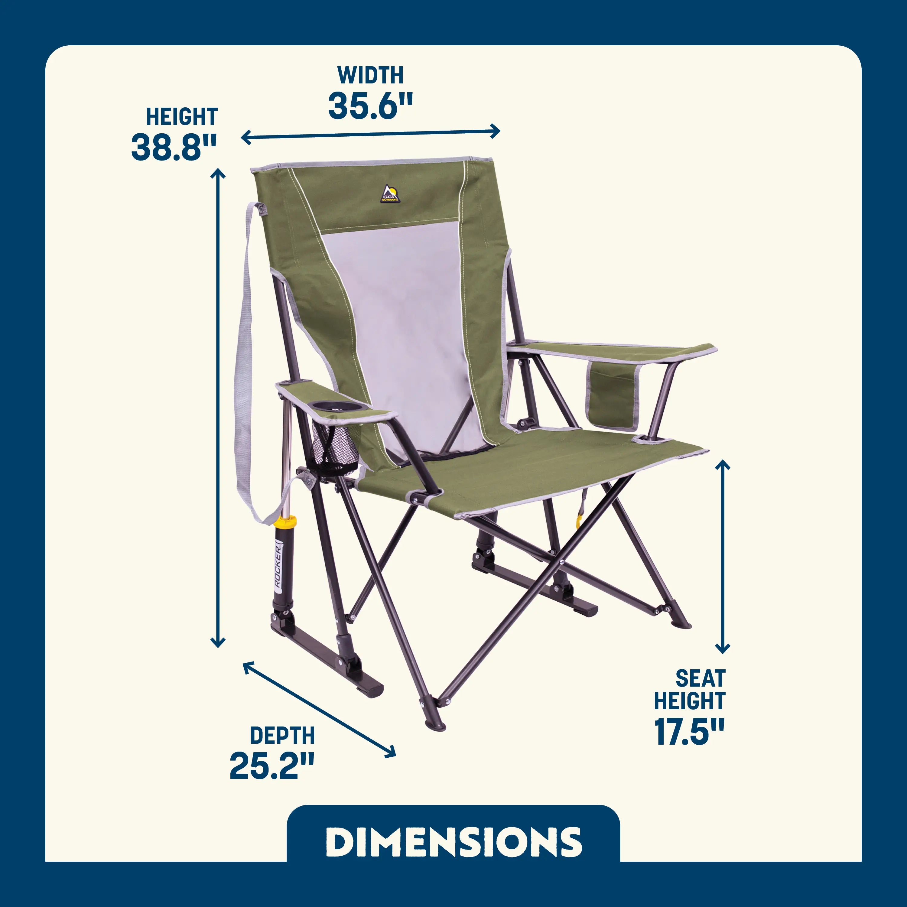 Loden Green Comfort Pro Rocker with cupholder showing the dimensions.