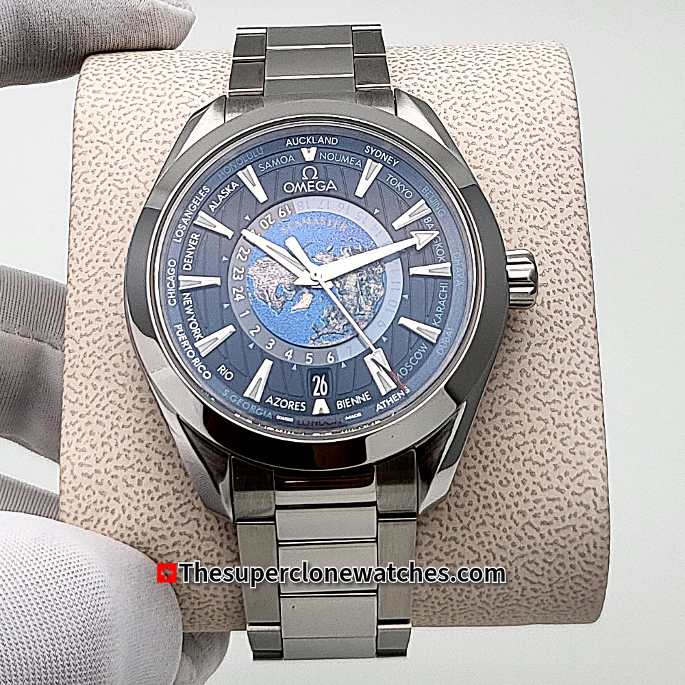 Omega Seamaster Aqua Terra Steel on Steel 150m Co-Axial Master Chronometer GMT Worldtimer Exact 1:1 Super Clone 8938 Swiss Movement Replica Watch