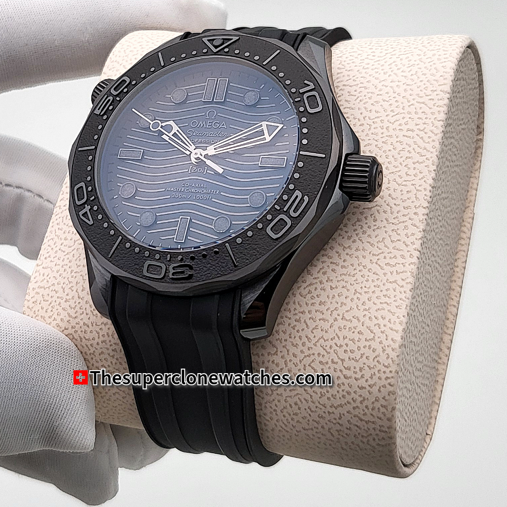 Omega Seamaster Diver 300M Black Ceramic On Rubber Strap Black Dial Exact 1:1 Super Clone 8806 Swiss Movement Replica Watch