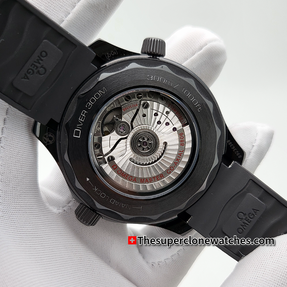 Omega Seamaster Diver 300M Black Ceramic On Rubber Strap Black Dial Exact 1:1 Super Clone 8806 Swiss Movement Replica Watch
