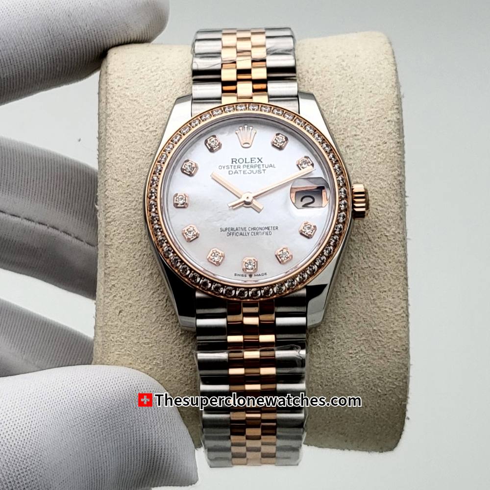 Rolex Datejust Oystersteel and Everose Gold Diamonds Set White Mother-of-Pearl Dial 31mm Exact 1:1 Super Clone 2236 Swiss Movement Replica Watch Ref-278381RBR