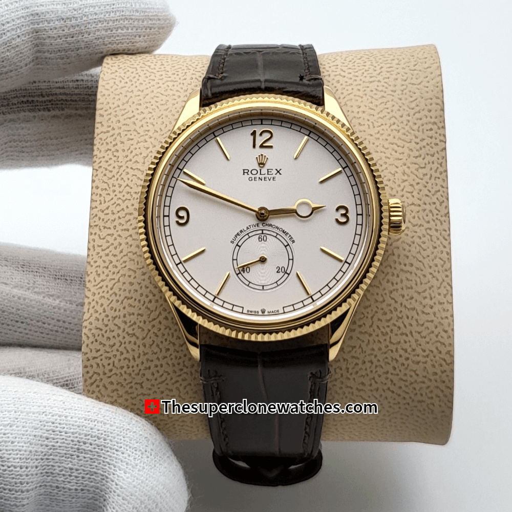 Rolex 1908 18kt Yellow Gold Intense White Dial Alligator Strap Exact 1:1 Super Clone 7140 Swiss Movement Replica Watch Ref-52508