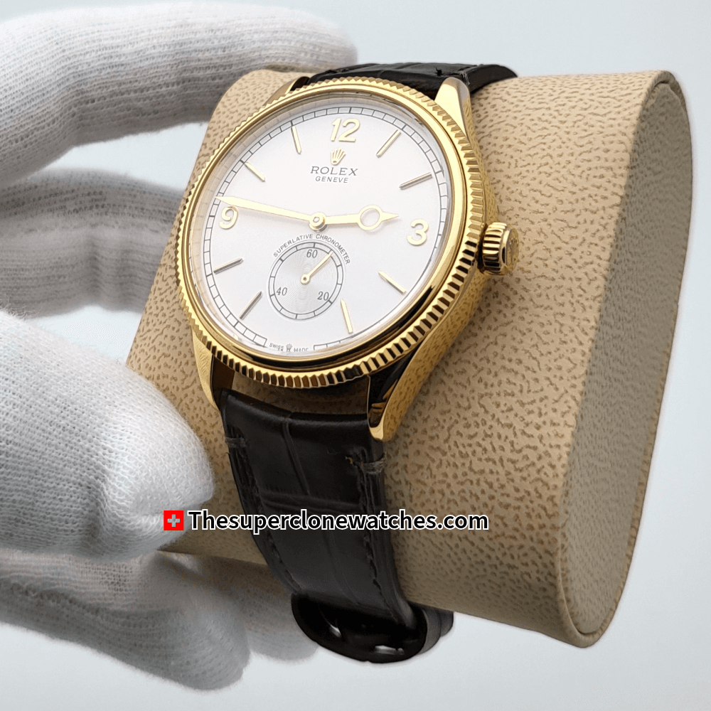 Rolex 1908 18kt Yellow Gold Intense White Dial Alligator Strap Exact 1:1 Super Clone 7140 Swiss Movement Replica Watch Ref-52508