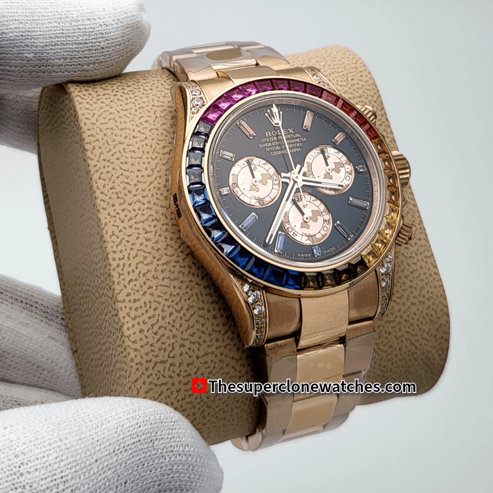 Rolex Cosmograph Daytona Rainbow Everose Gold Black Dial Exact 1:1 Super Clone 4130 Swiss Movement Replica Watch Ref-116595RBOW
