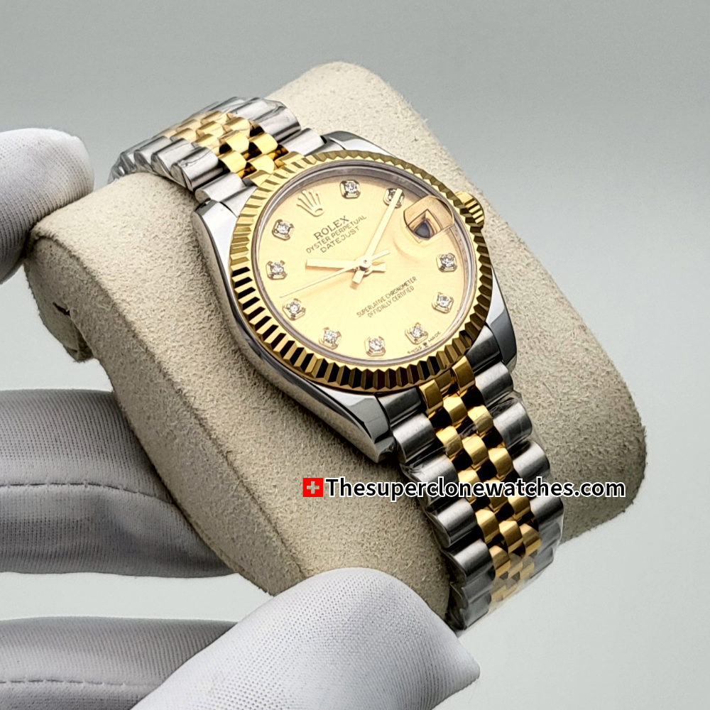 Rolex Datejust Oystersteel and Yellow Gold Diamonds Set Champagne-Colour Dial 31mm Exact 1:1 Super Clone 2236 Swiss Movement Replica Watch Ref-278273