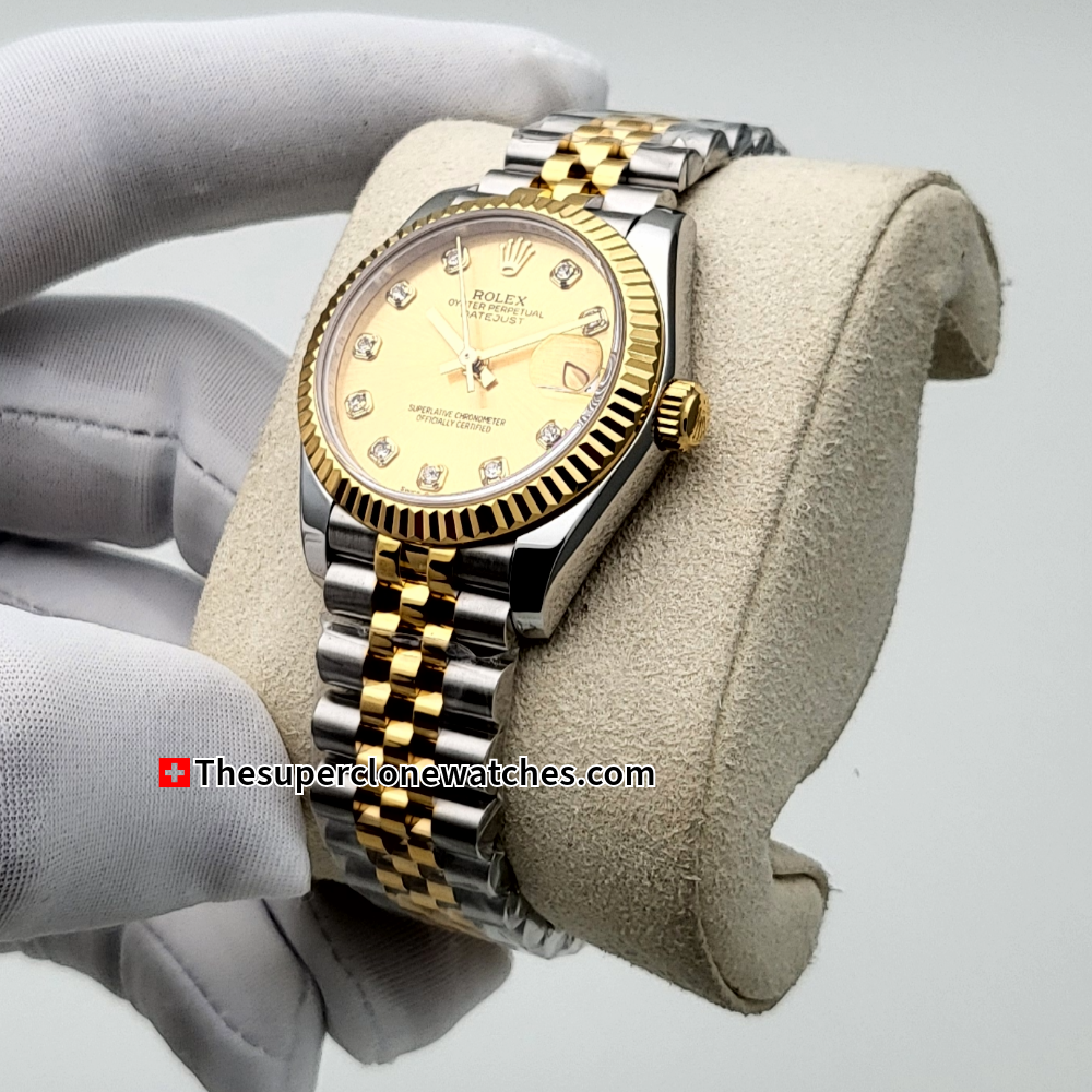 Rolex Datejust Oystersteel and Yellow Gold Diamonds Set Champagne-Colour Dial 31mm Exact 1:1 Super Clone 2236 Swiss Movement Replica Watch Ref-278273